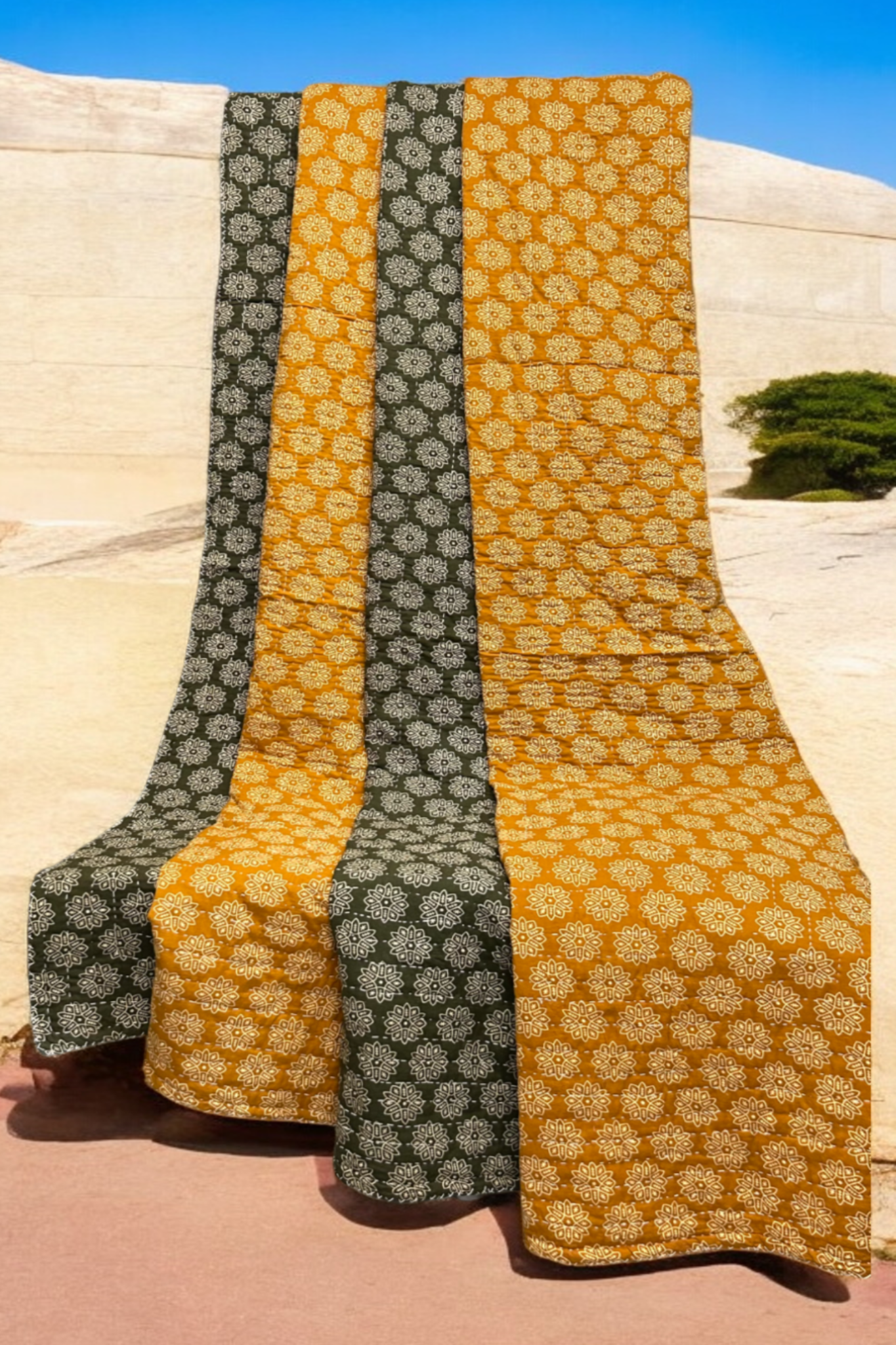 handcrafted reversible mashroo double quilt with filler - Evergreen Spice & Royal Petites