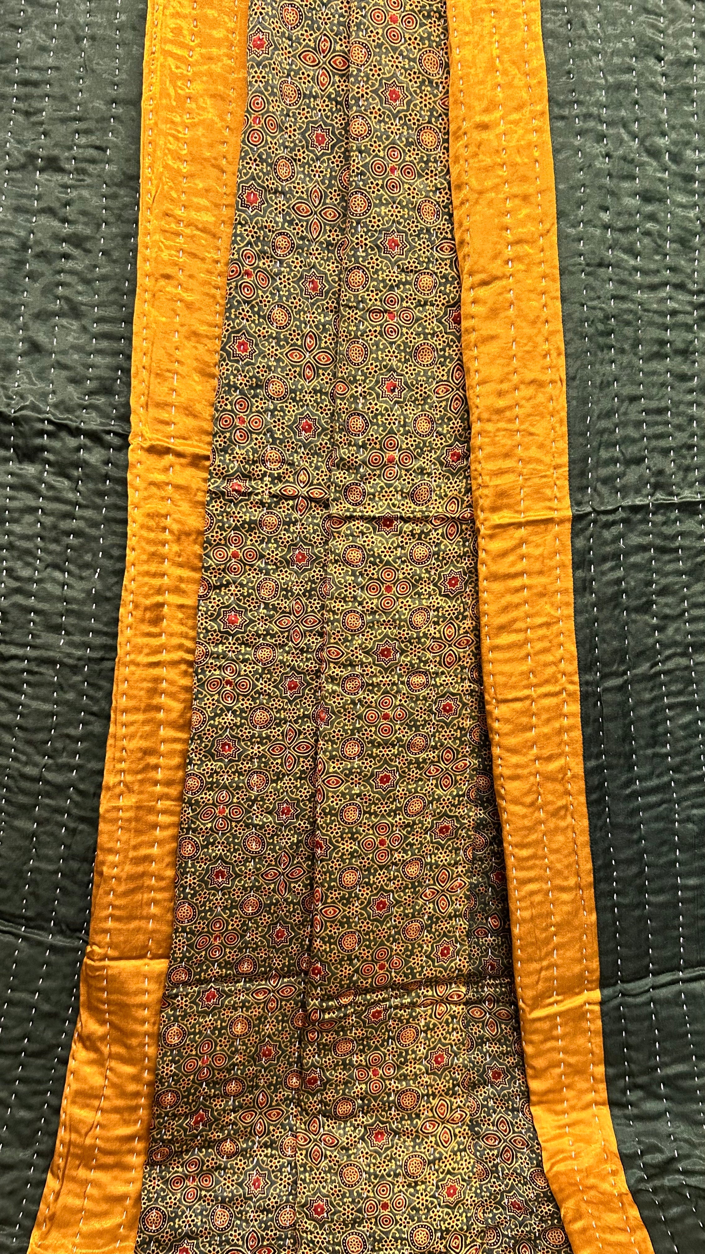 handcrafted reversible mashroo double quilt with filler - Vintage Green & Gold Motifs
