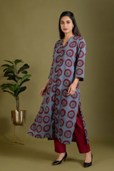 Indigo Red Moon Ajrakh Cotton Front Zipper A-Line Kurta