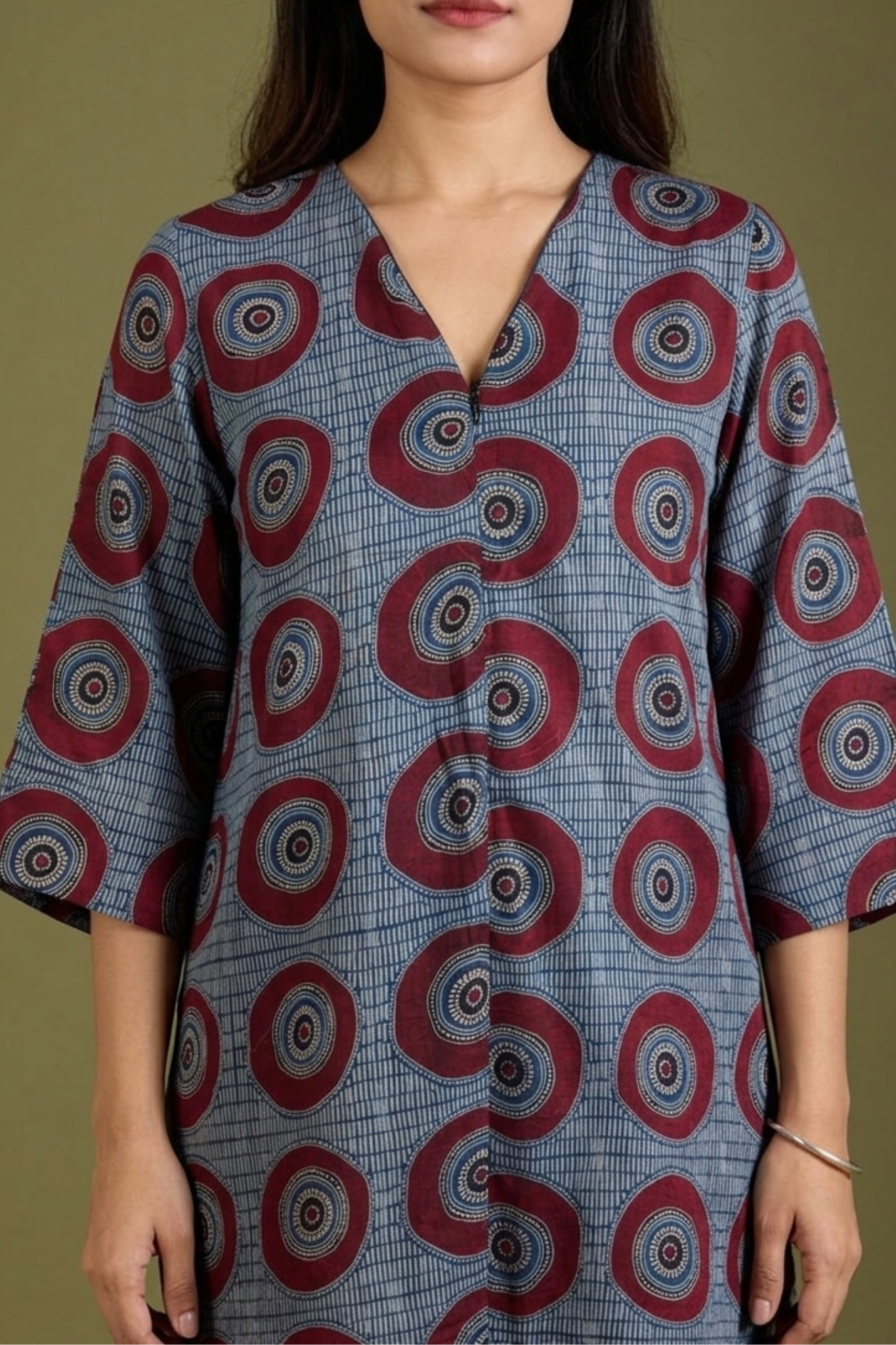 Indigo Red Moon Ajrakh Cotton Front Zipper A-Line Kurta