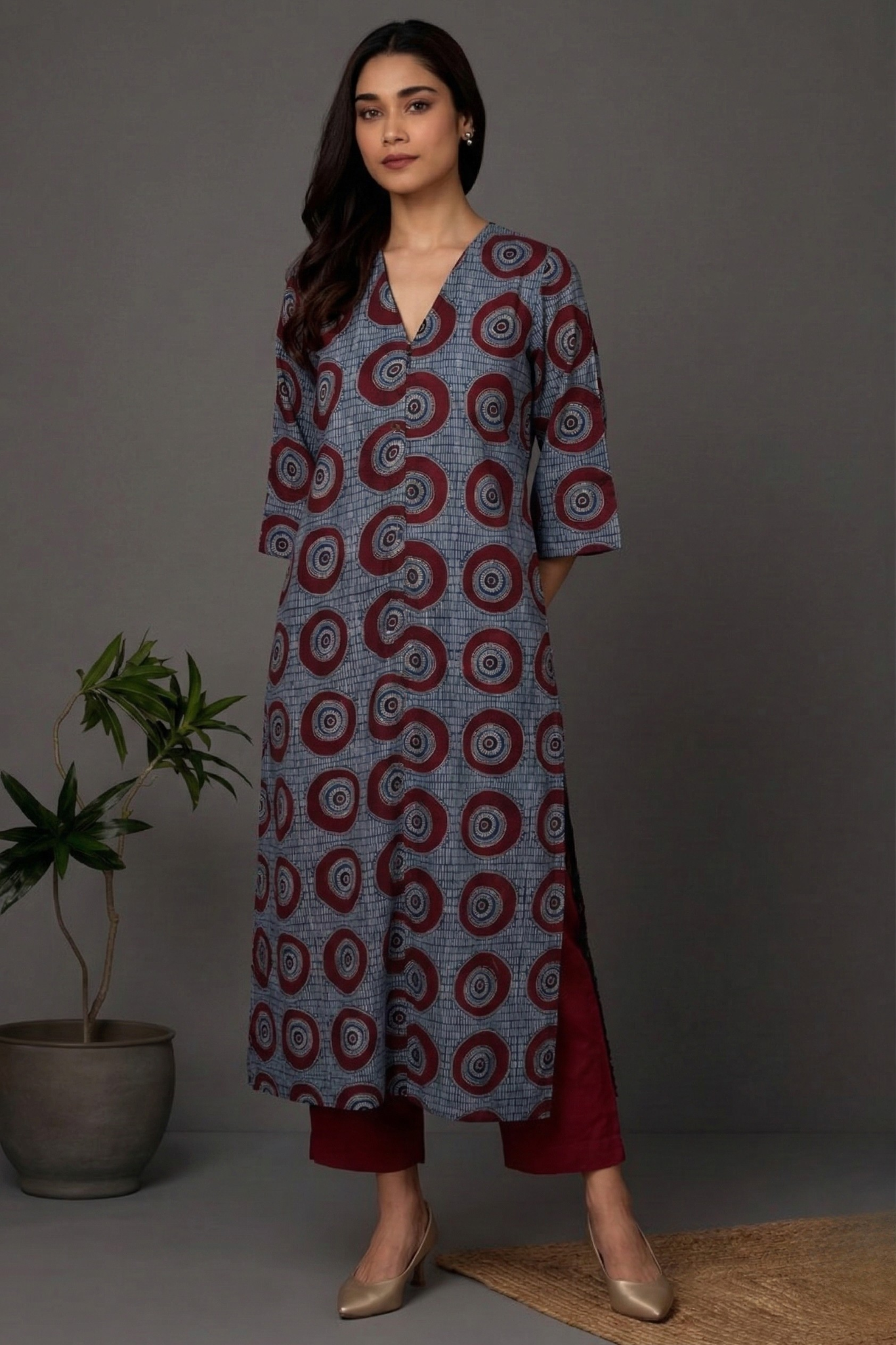 Indigo Red Moon Ajrakh Cotton Front Zipper A-Line Kurta