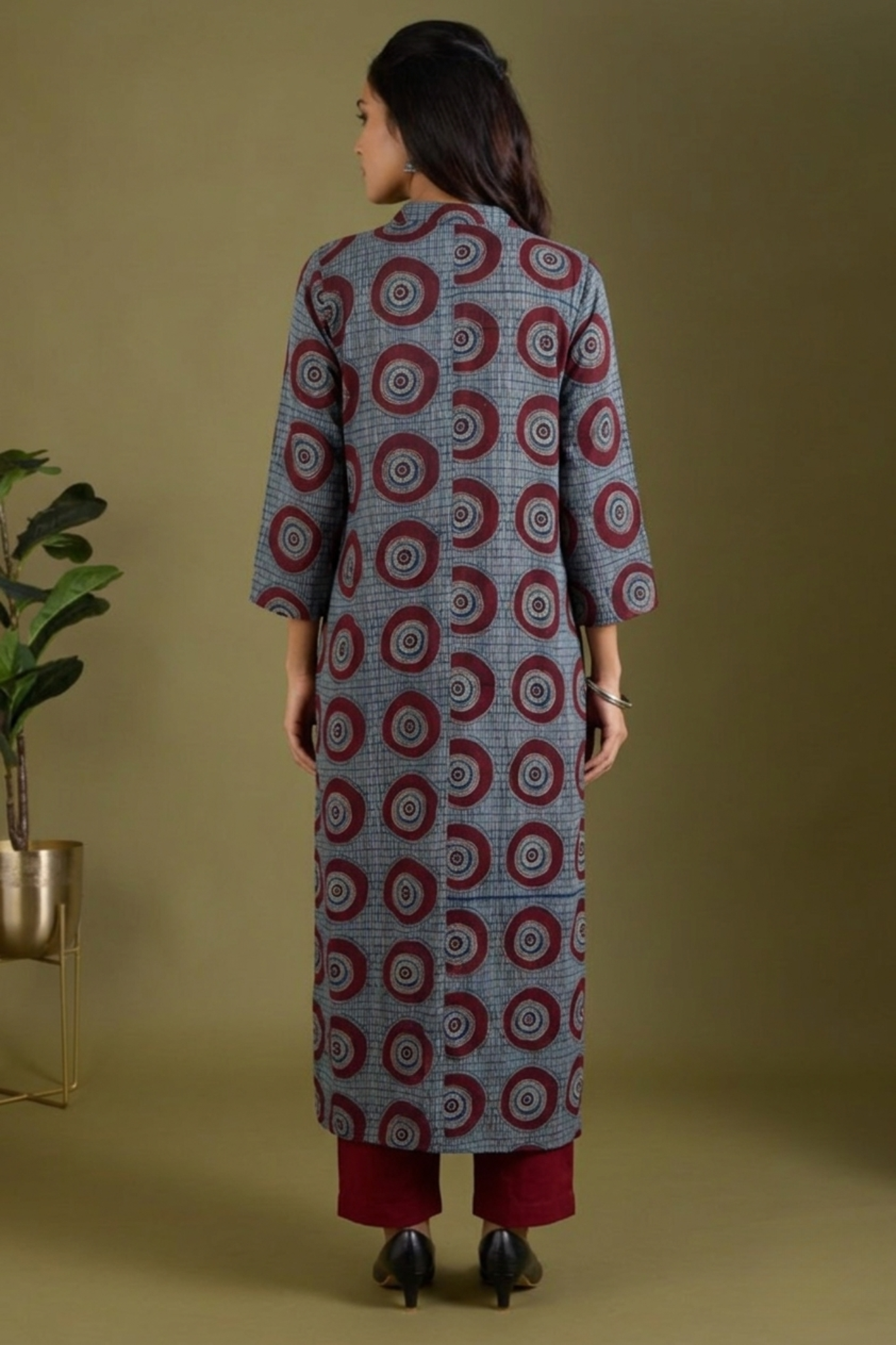 Indigo Red Moon Ajrakh Cotton Front Zipper A-Line Kurta