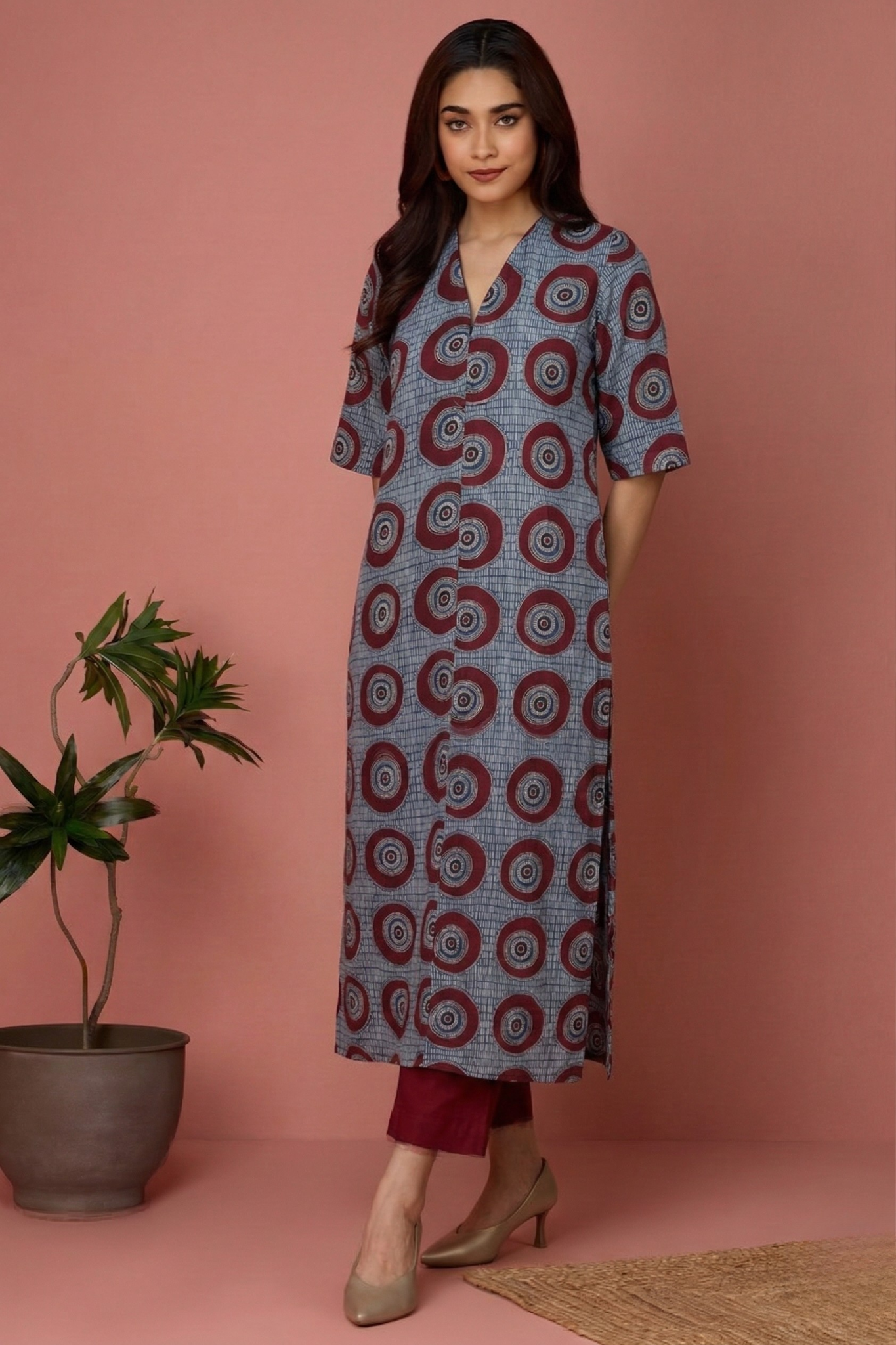Indigo Red Moon Ajrakh Cotton Front Zipper A-Line Kurta