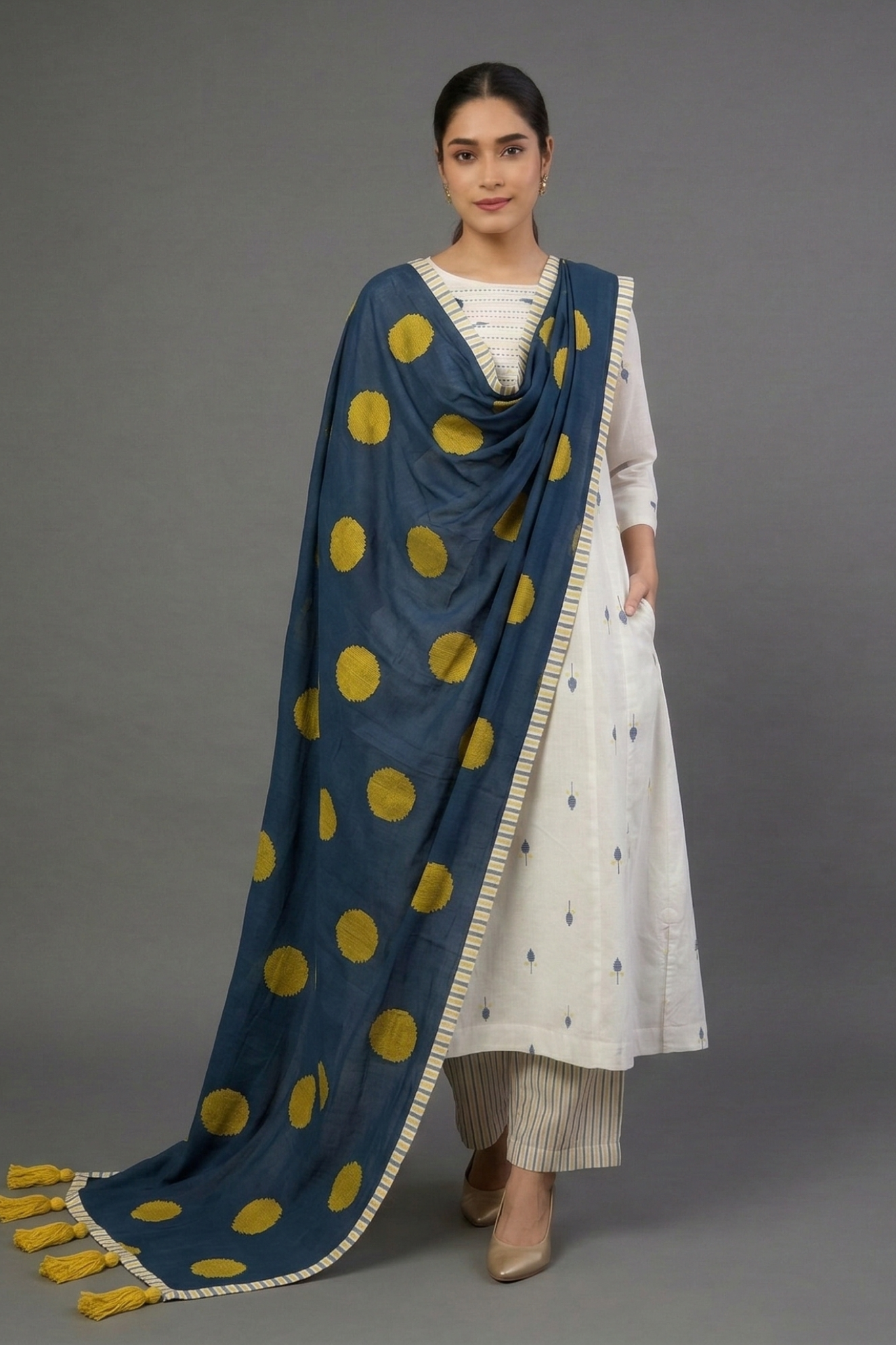 Ivory Leaf Confetti Cotton Pintuck Yoke Kurta with Pockets