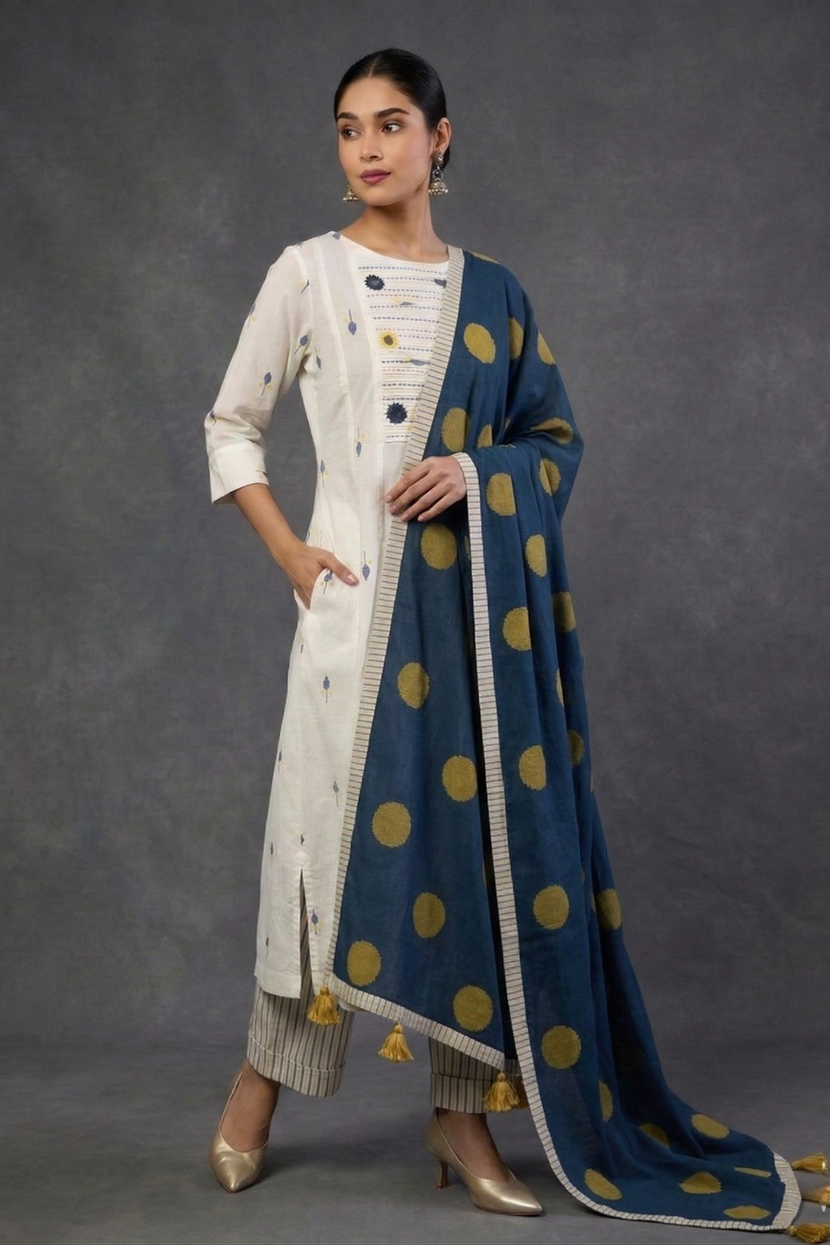 Ivory Leaf Confetti Cotton Pintuck Yoke Kurta with Pockets