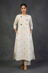 Ivory Leaf Confetti Cotton Pintuck Yoke Kurta with Pockets