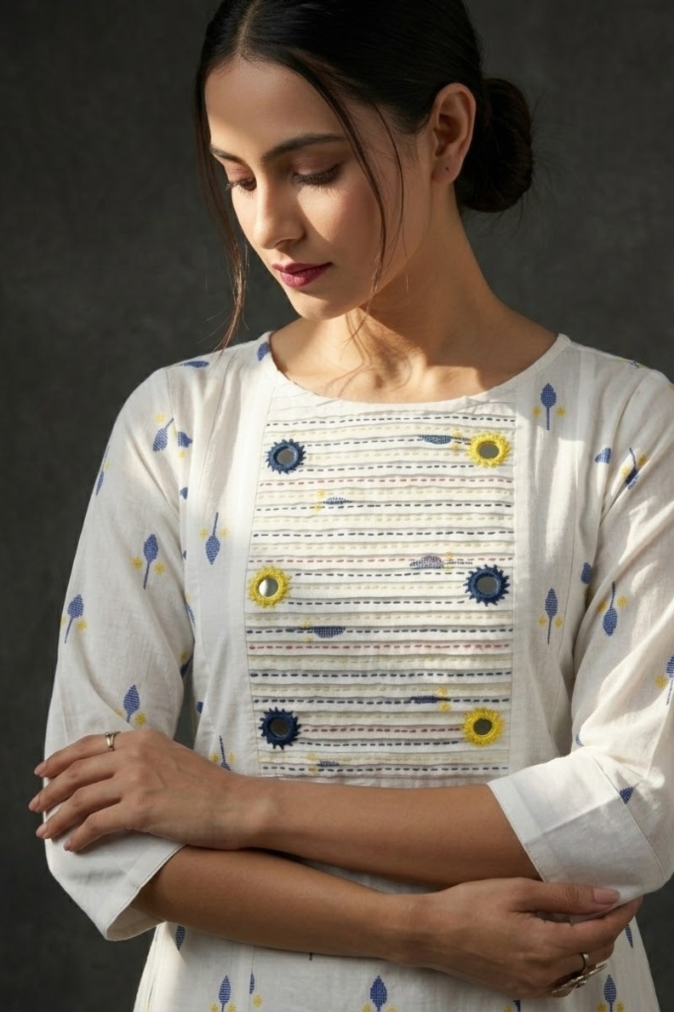 Ivory Leaf Confetti Cotton Pintuck Yoke Kurta with Pockets