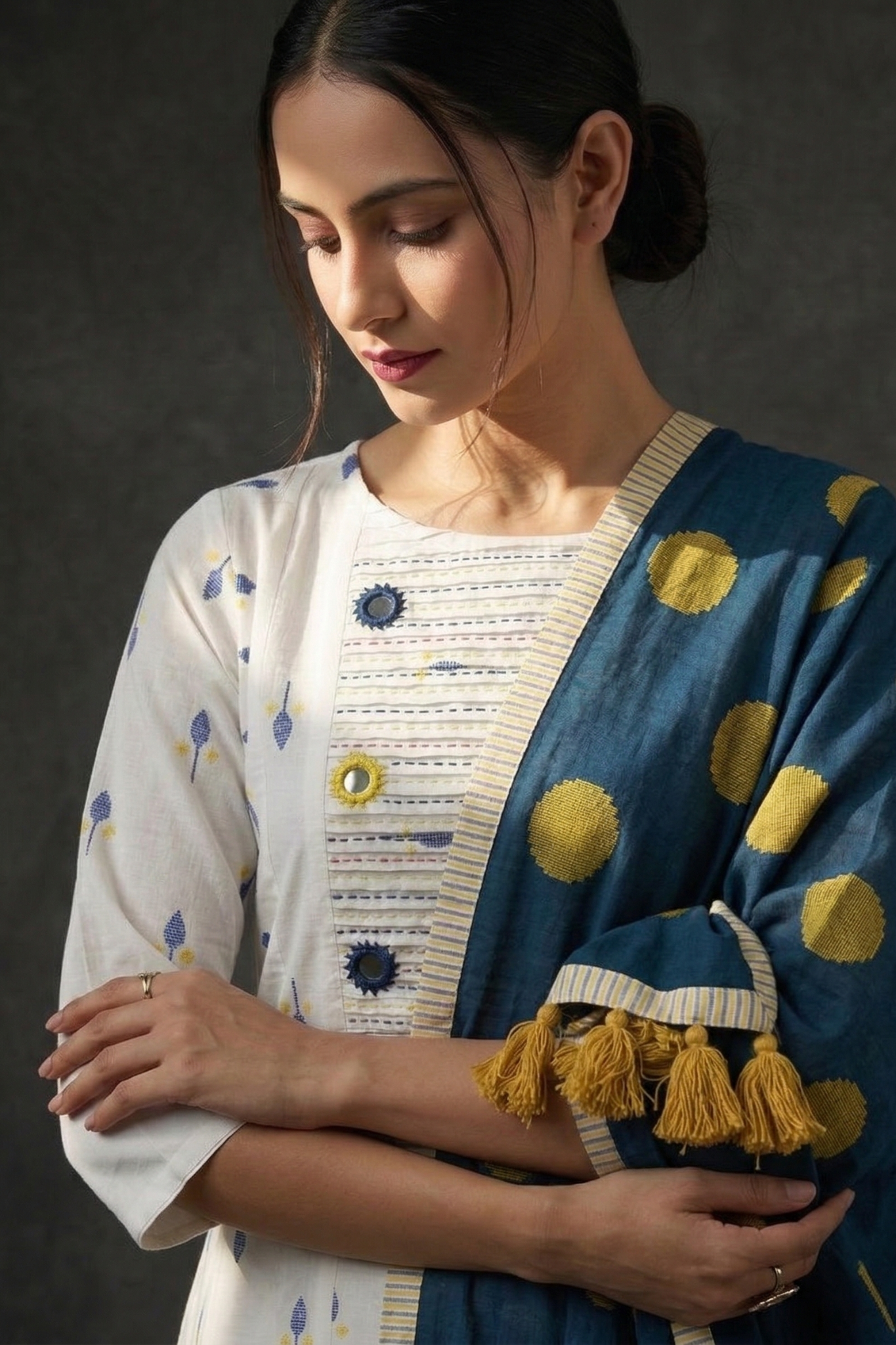 Ivory Leaf Confetti Cotton Pintuck Yoke Kurta with Pockets