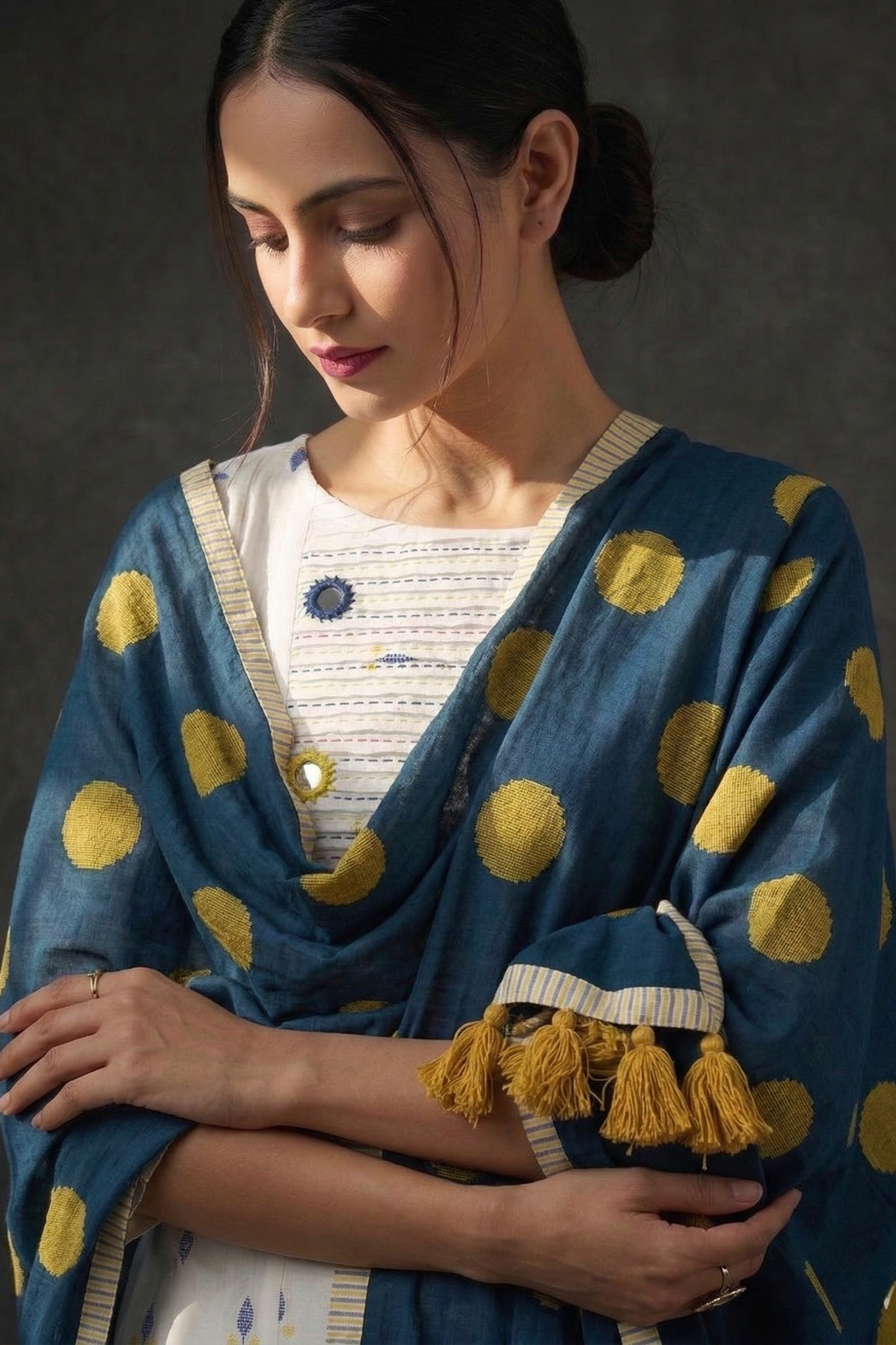 Ivory Leaf Confetti Cotton Pintuck Yoke Kurta with Pockets