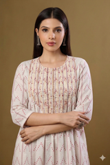 Ivory Zigzag Bloom Cotton Kurta With Pintuck