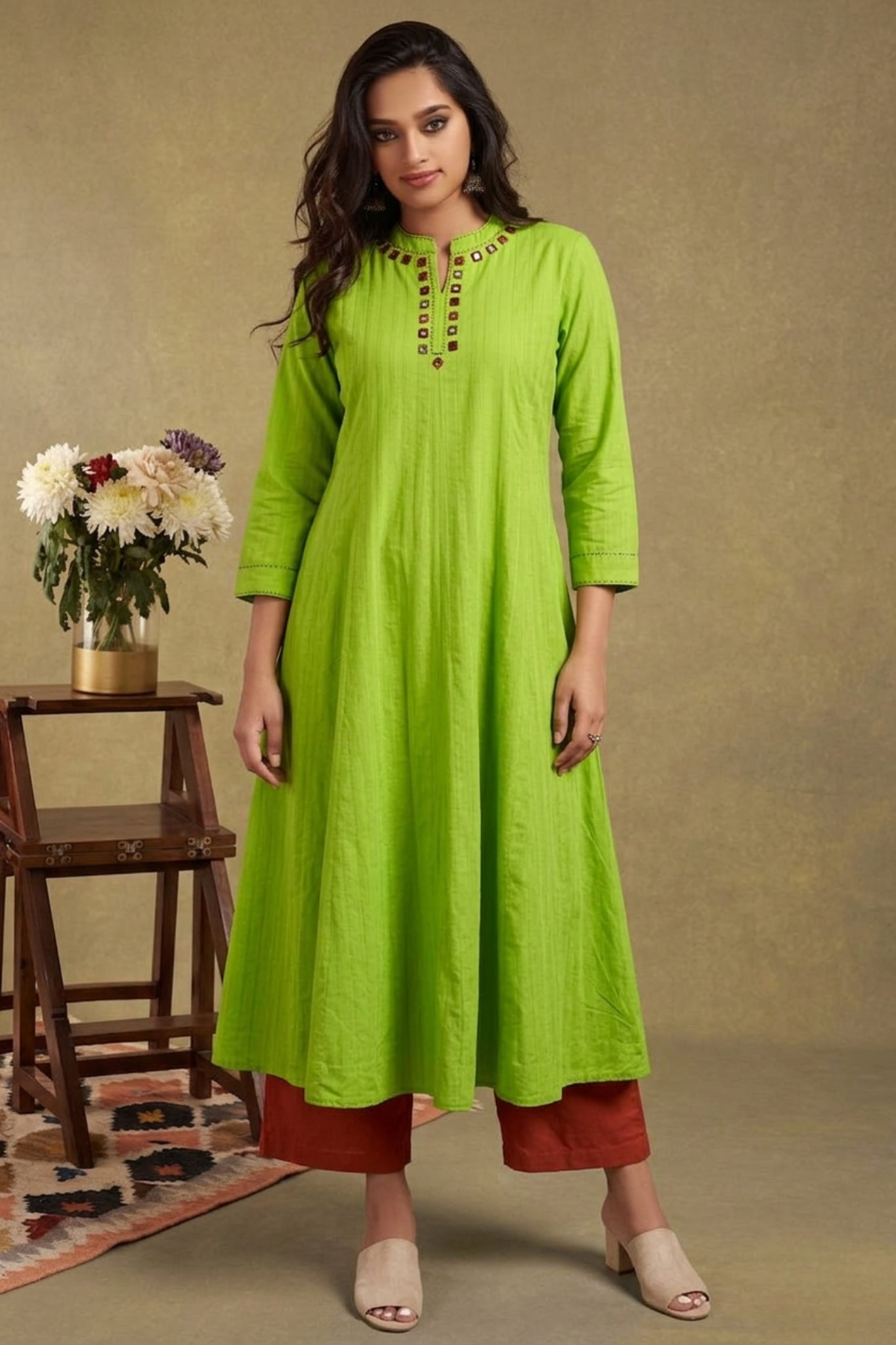 Kairi Bloom Cotton Stand Collar Pintuck Yoke Anarkali