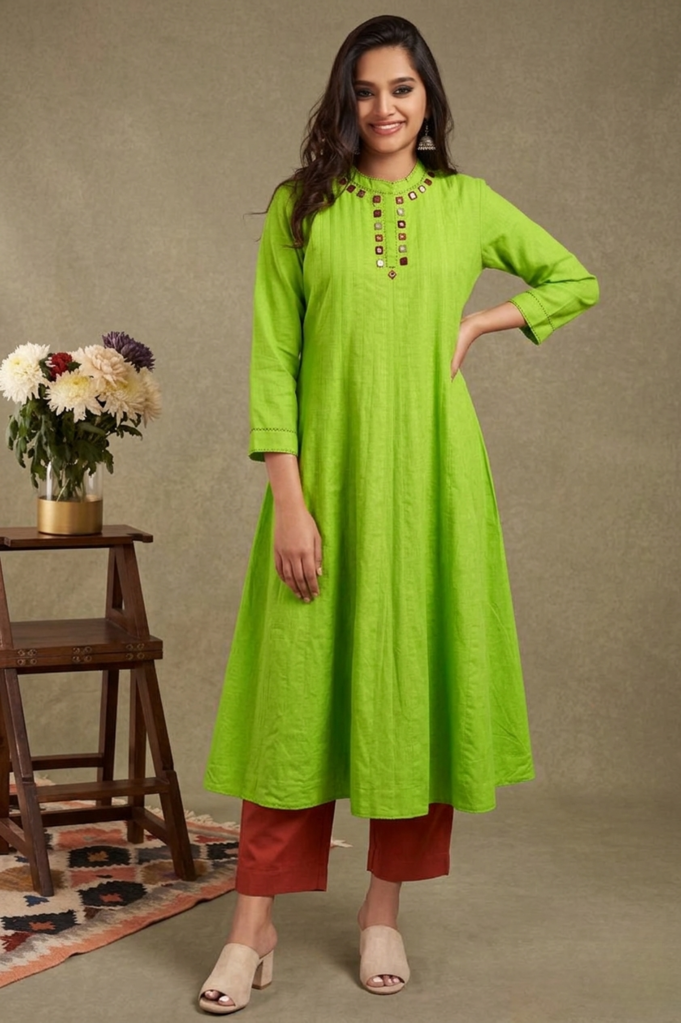 Kairi Bloom Cotton Stand Collar Pintuck Yoke Anarkali