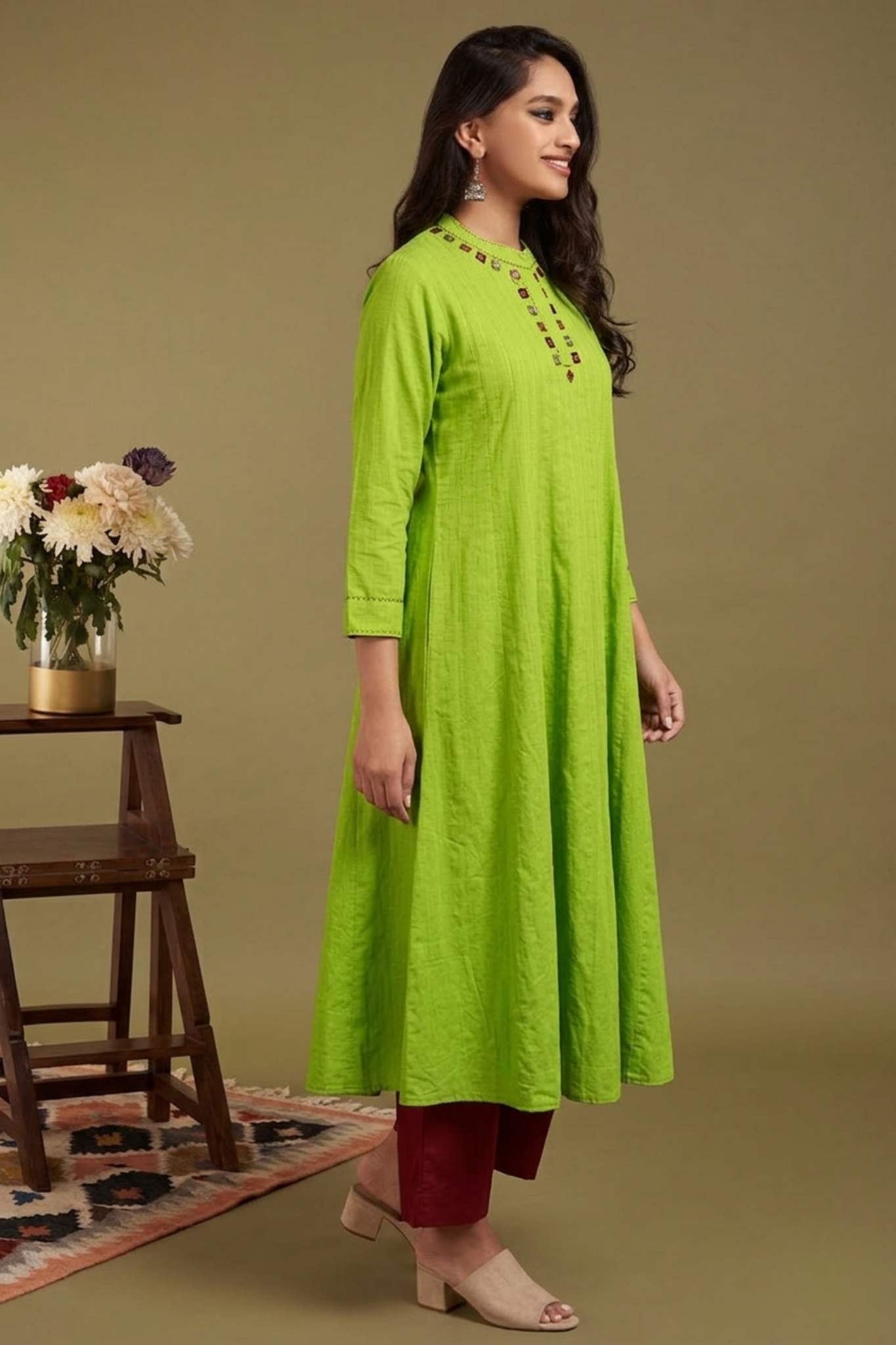 Kairi Bloom Cotton Stand Collar Pintuck Yoke Anarkali