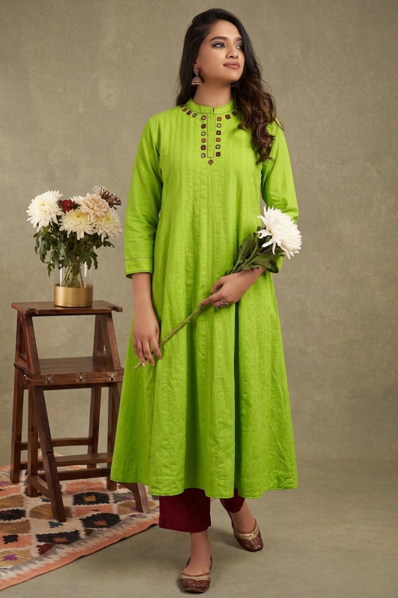 Kairi Bloom Cotton Stand Collar Pintuck Yoke Anarkali