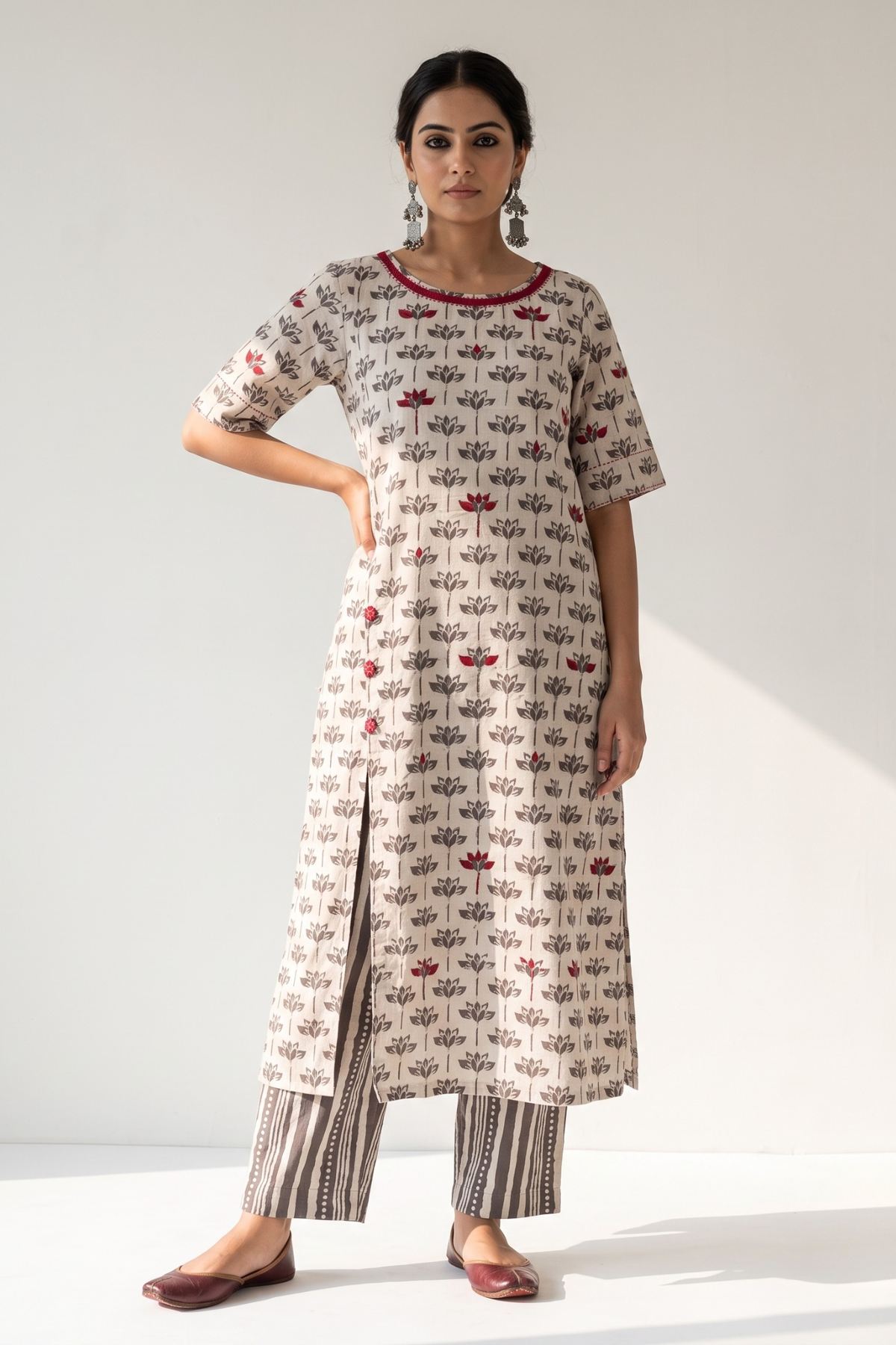 Kashish Grey Petal Bloom Side button Front Slit Kurta