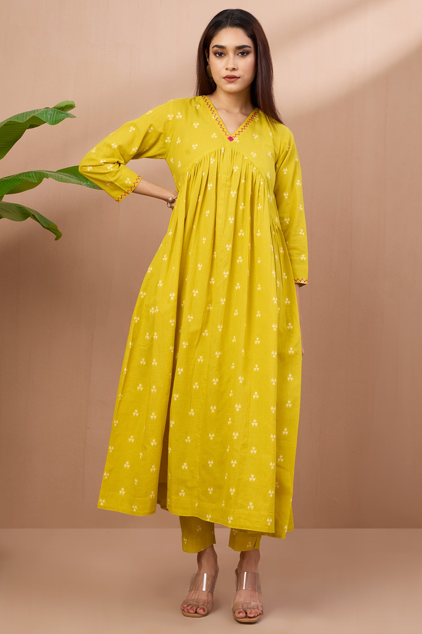 Coord v neck gather anarkali - blush sunshine