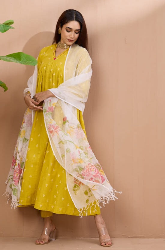 hand-painted kota dupatta - pink roses & leaves