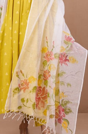 hand-painted kota dupatta - pink roses & leaves