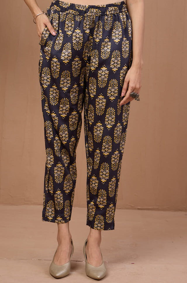 comfort fit ankle length narrow pants  - grey blue yellow buttas