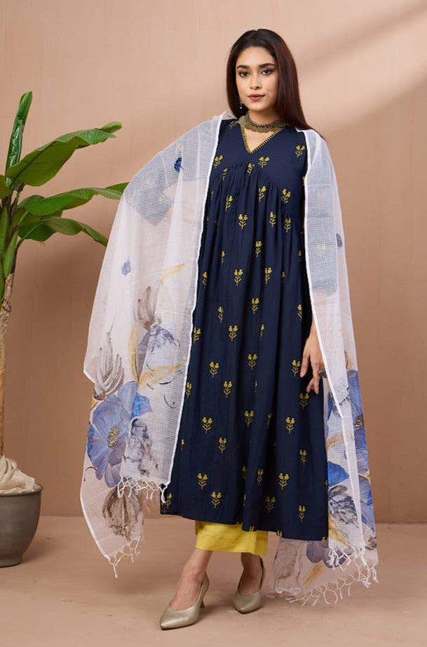 hand-painted kota dupatta - indigo bluebells & leaves