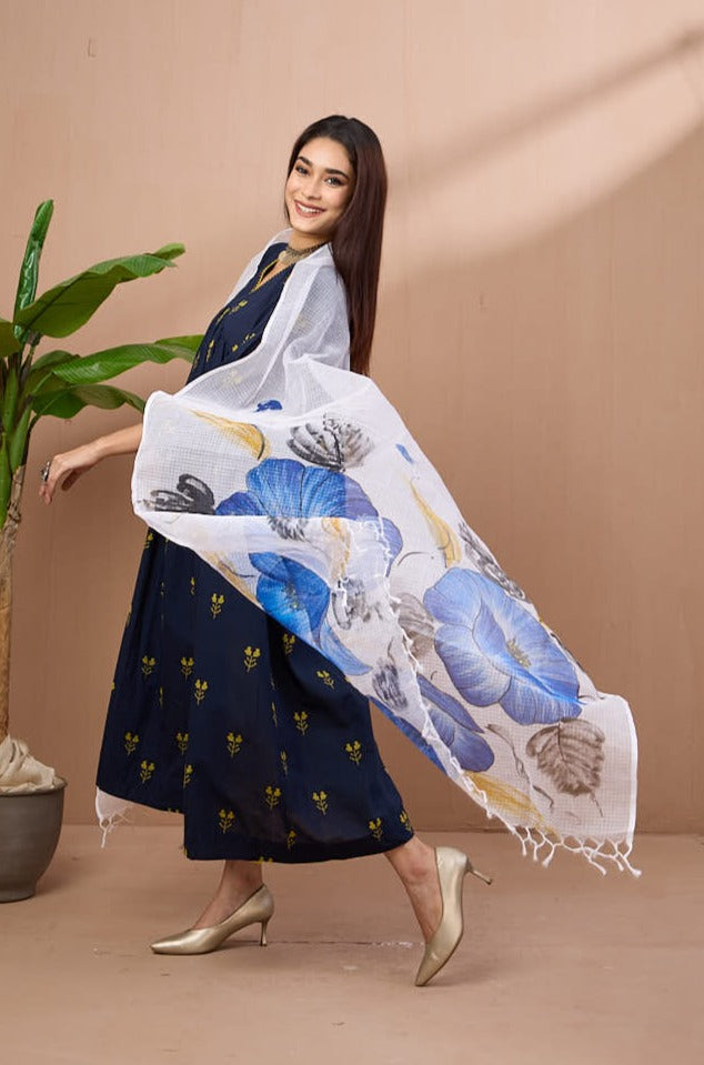hand-painted kota dupatta - indigo bluebells & leaves