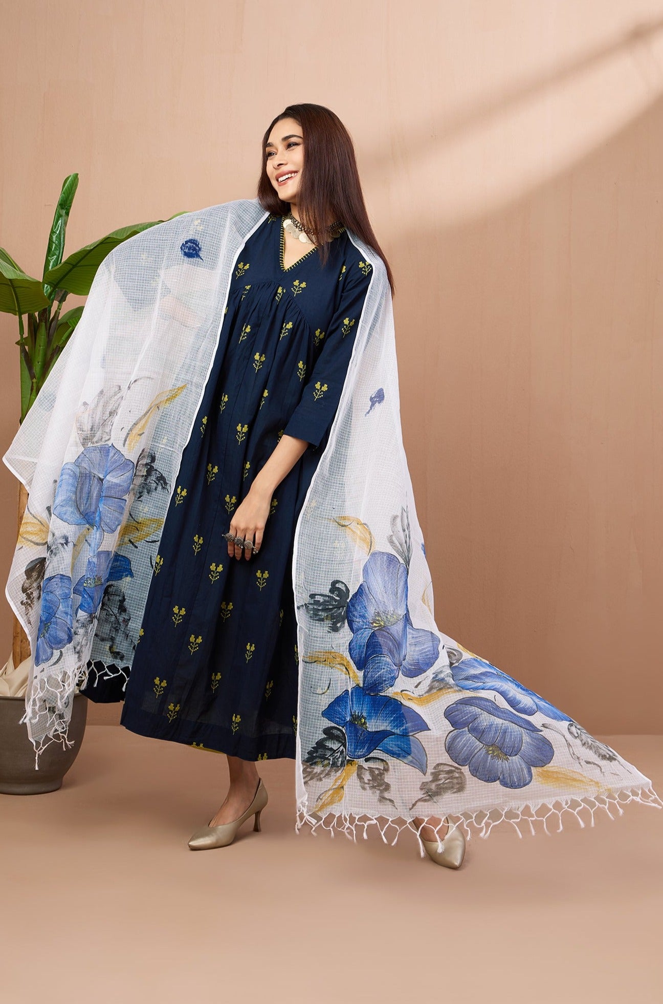 hand-painted kota dupatta - indigo bluebells & leaves