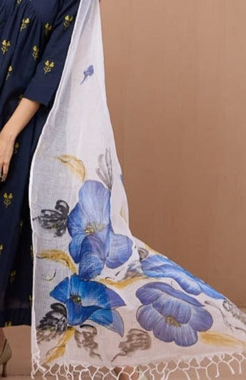hand-painted kota dupatta - indigo bluebells & leaves