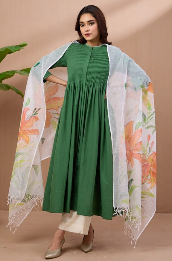 hand-painted kota dupatta - orange kena & leaves
