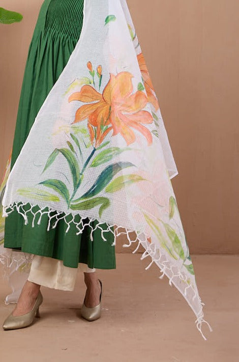 hand-painted kota dupatta - orange kena & leaves