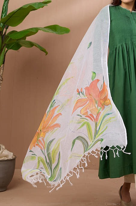 hand-painted kota dupatta - orange kena & leaves
