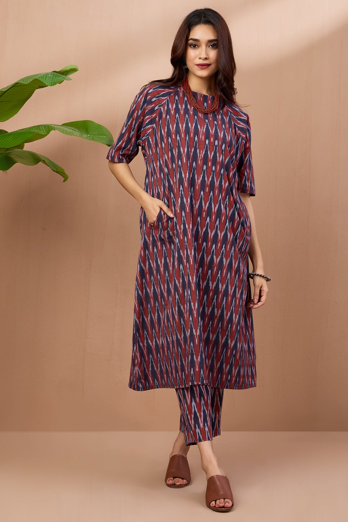 co-ord set drop shoulder tunic & pants - burgundy chevron