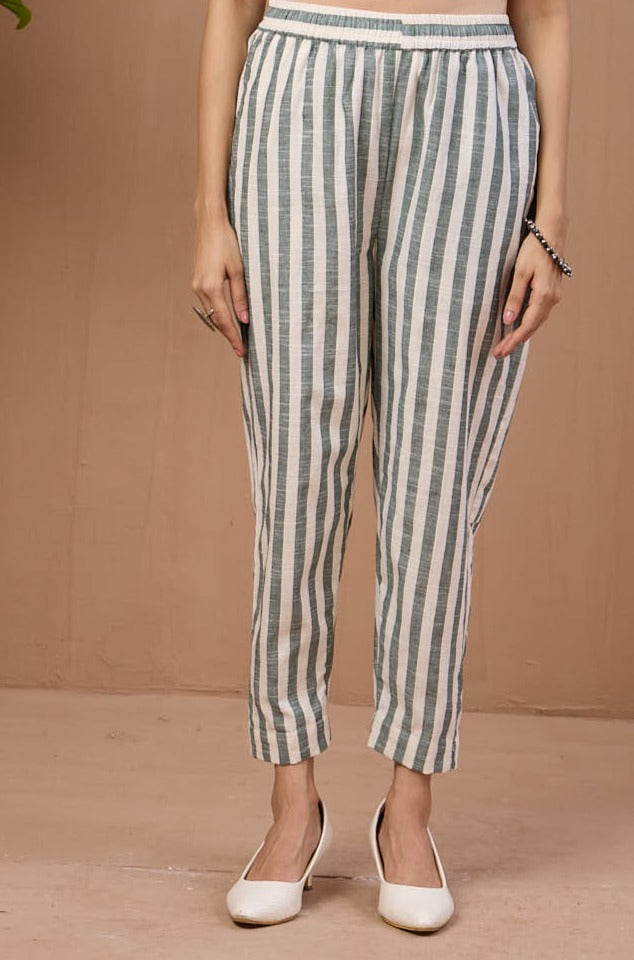 co-ord set box pleated v-neck kurta - jade stripes