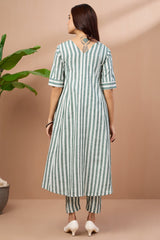 co-ord set box pleated v-neck kurta - jade stripes