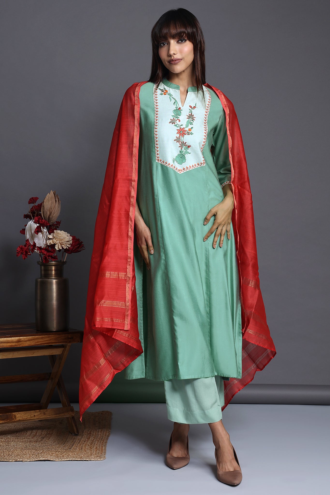 long yoke modal silk panel kurta - sage tendrils & serene spring