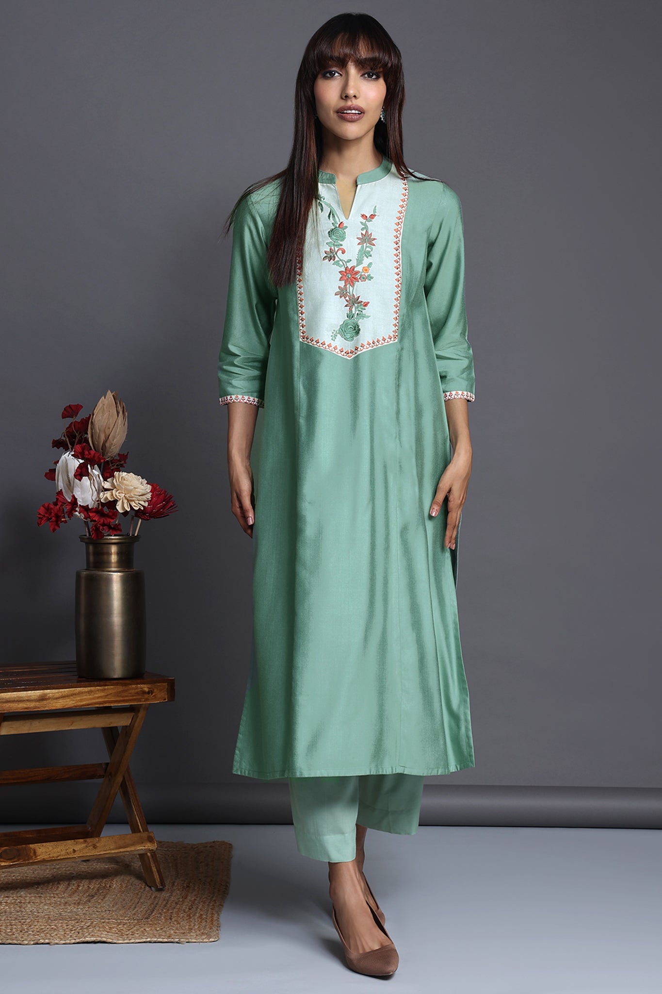 long yoke modal silk panel kurta - sage tendrils & serene spring
