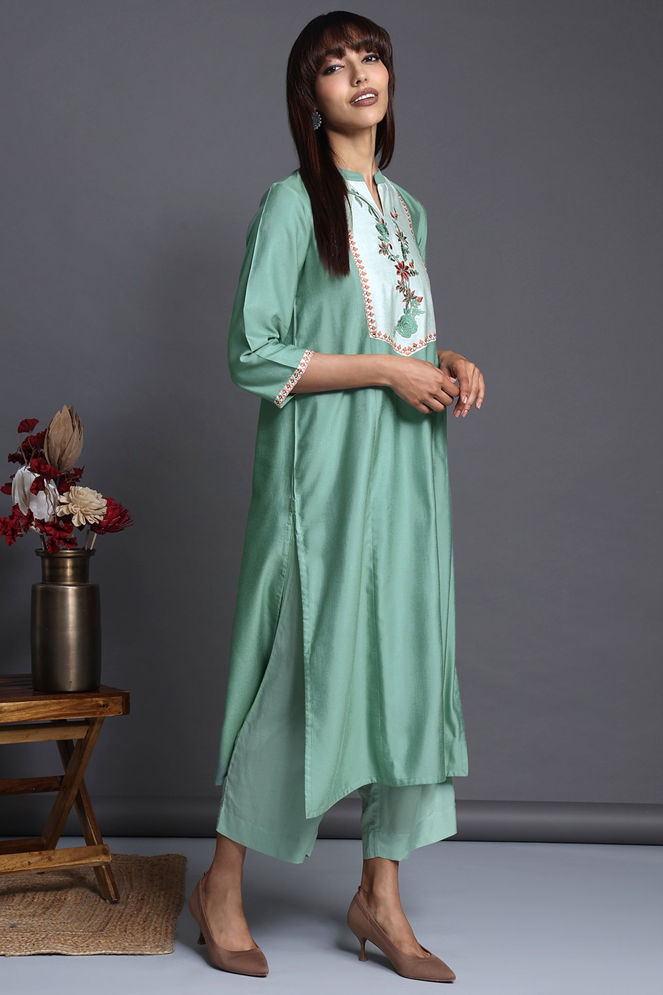 long yoke modal silk panel kurta - sage tendrils & serene spring