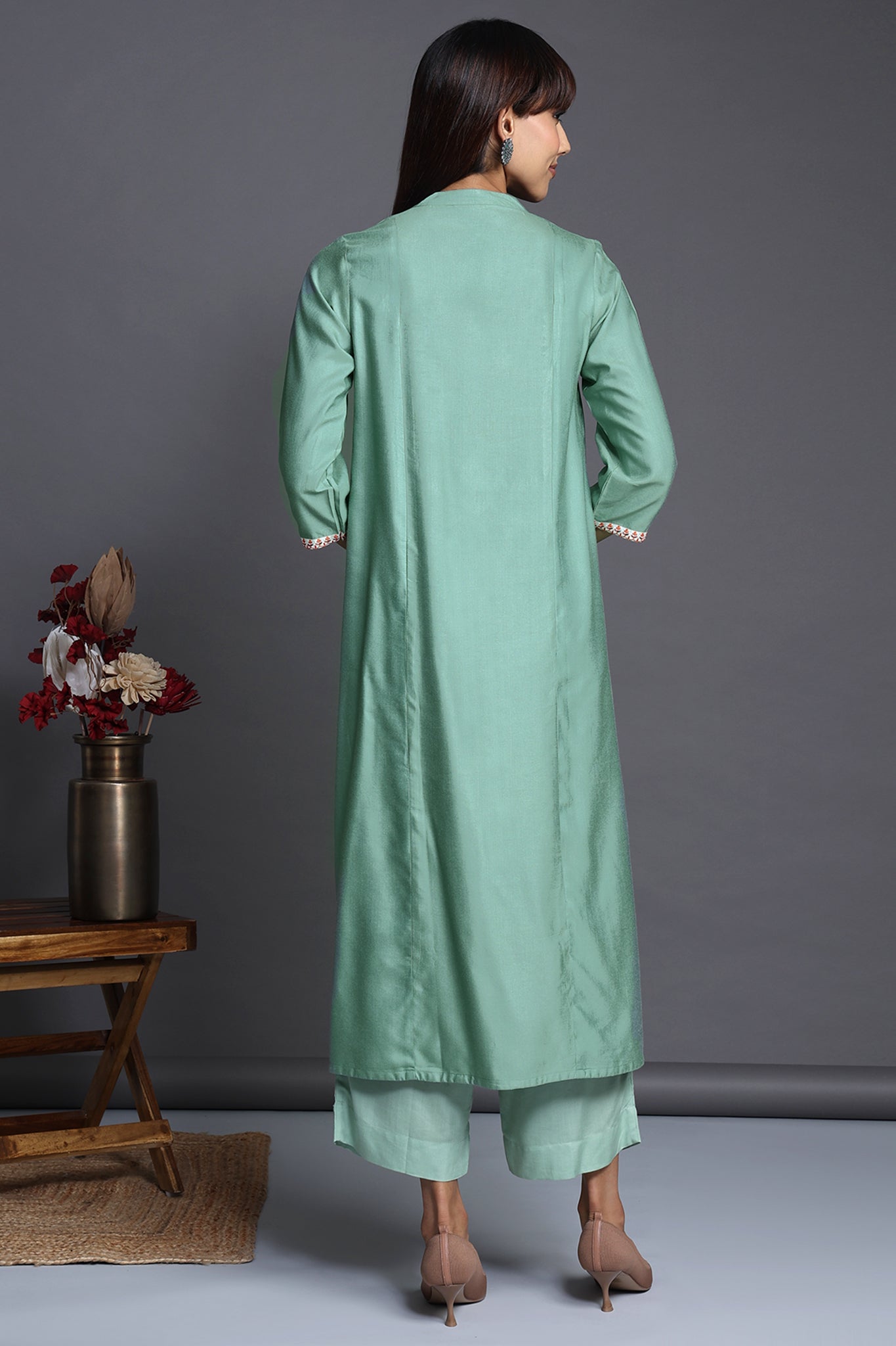 long yoke modal silk panel kurta - sage tendrils & serene spring
