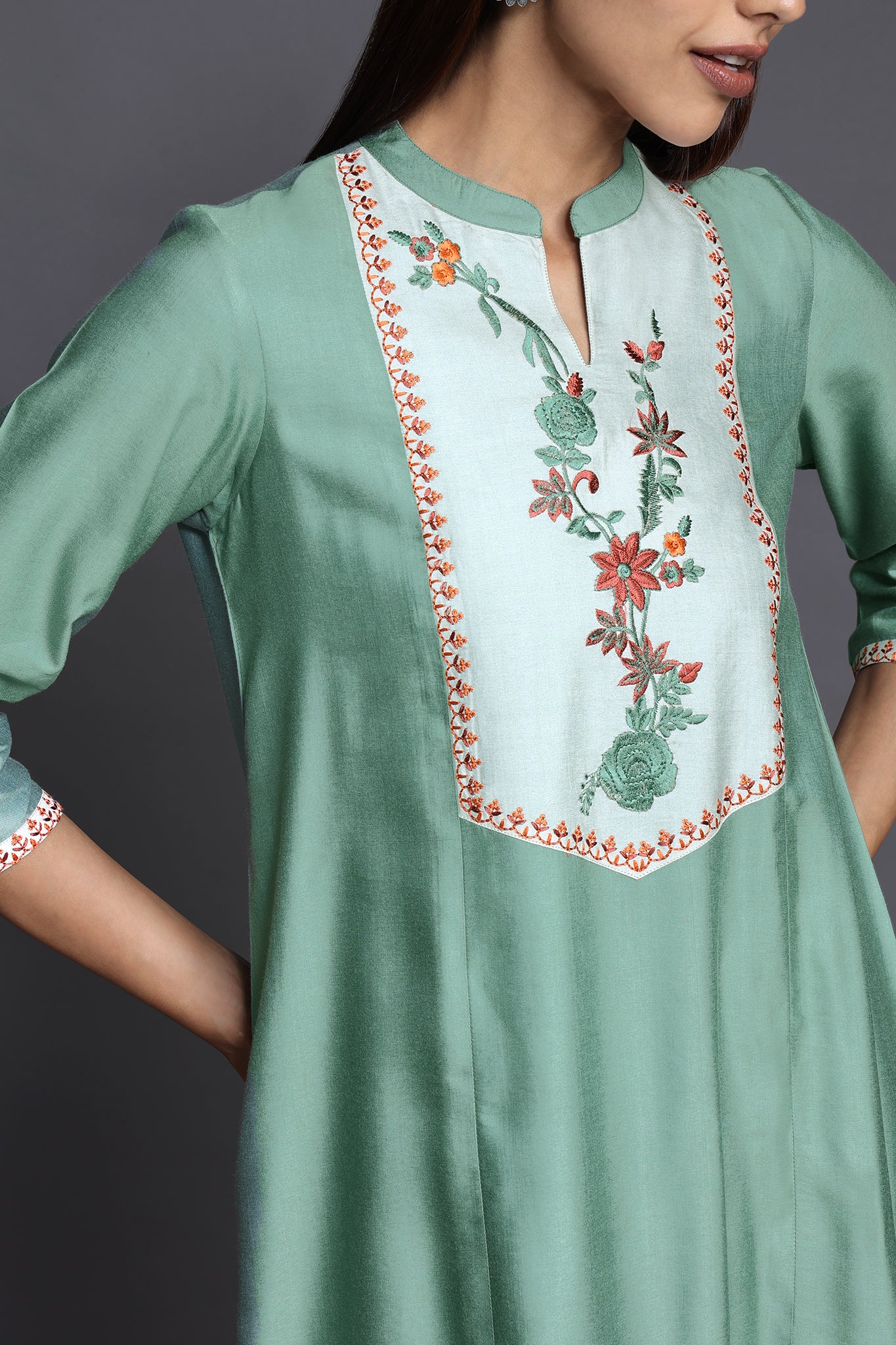 long yoke modal silk panel kurta - sage tendrils & serene spring