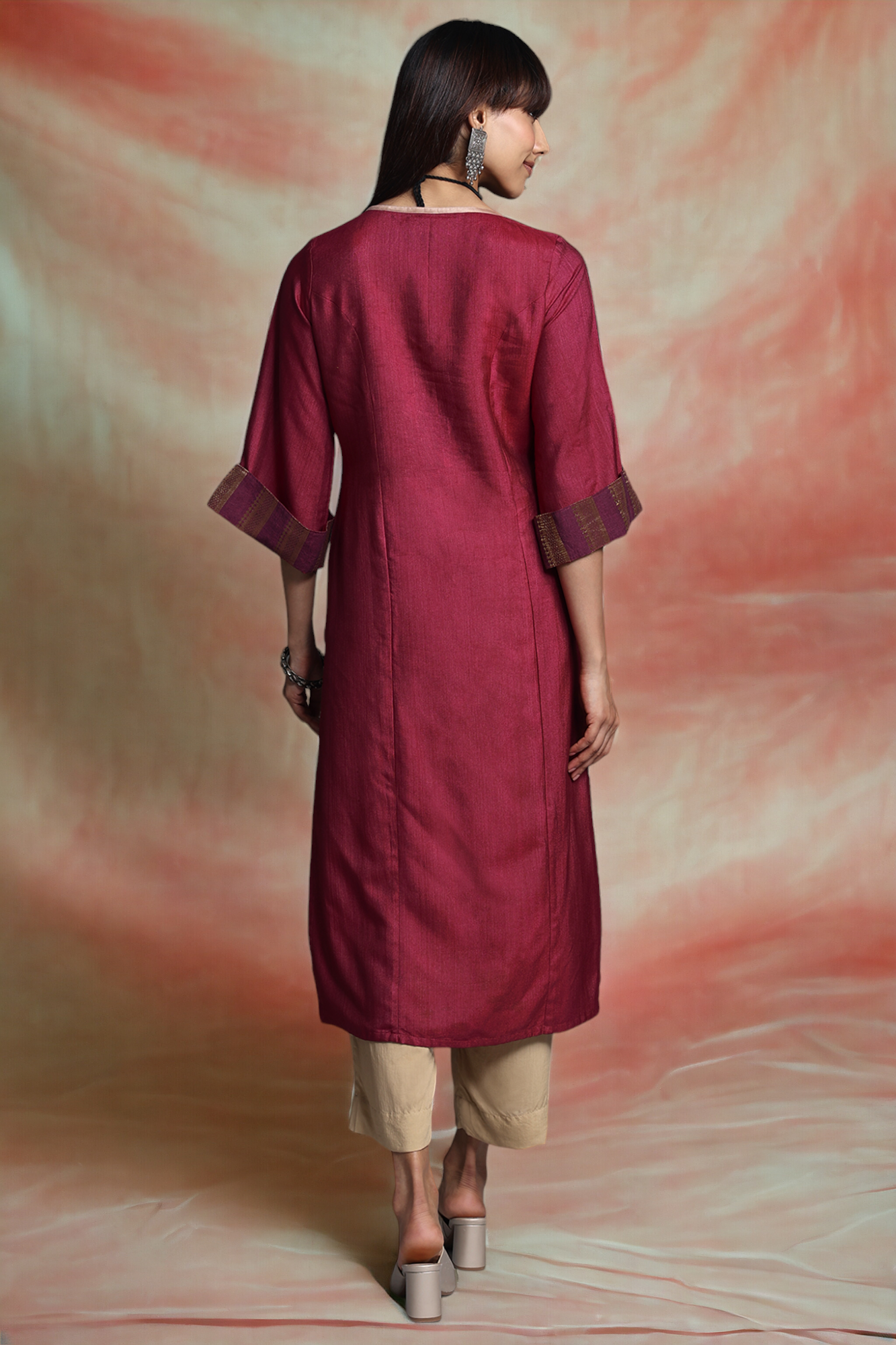 long viscose silk kurta with slit- magenta orchid & gleaming gold