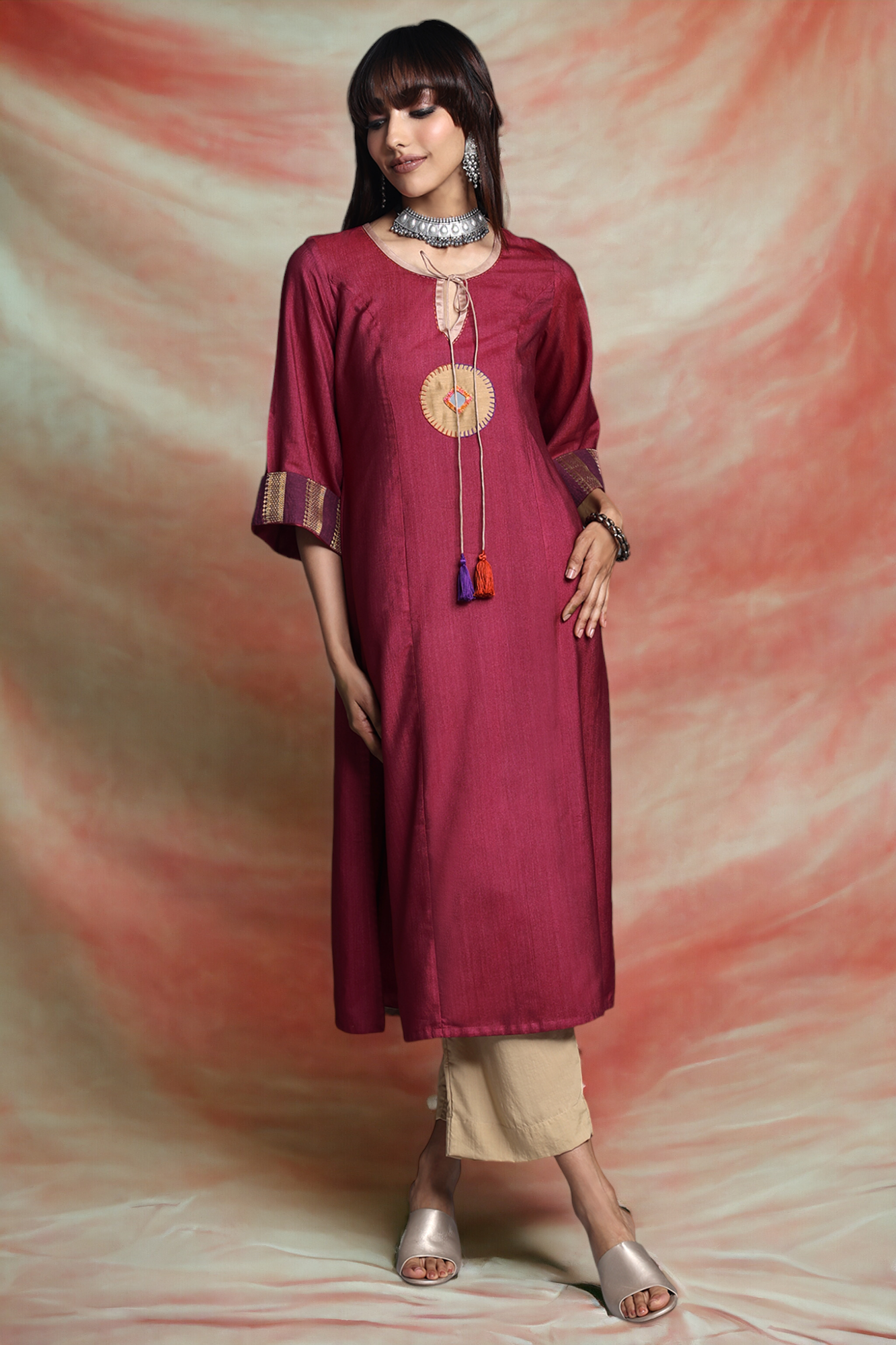 long viscose silk kurta with slit- magenta orchid & gleaming gold