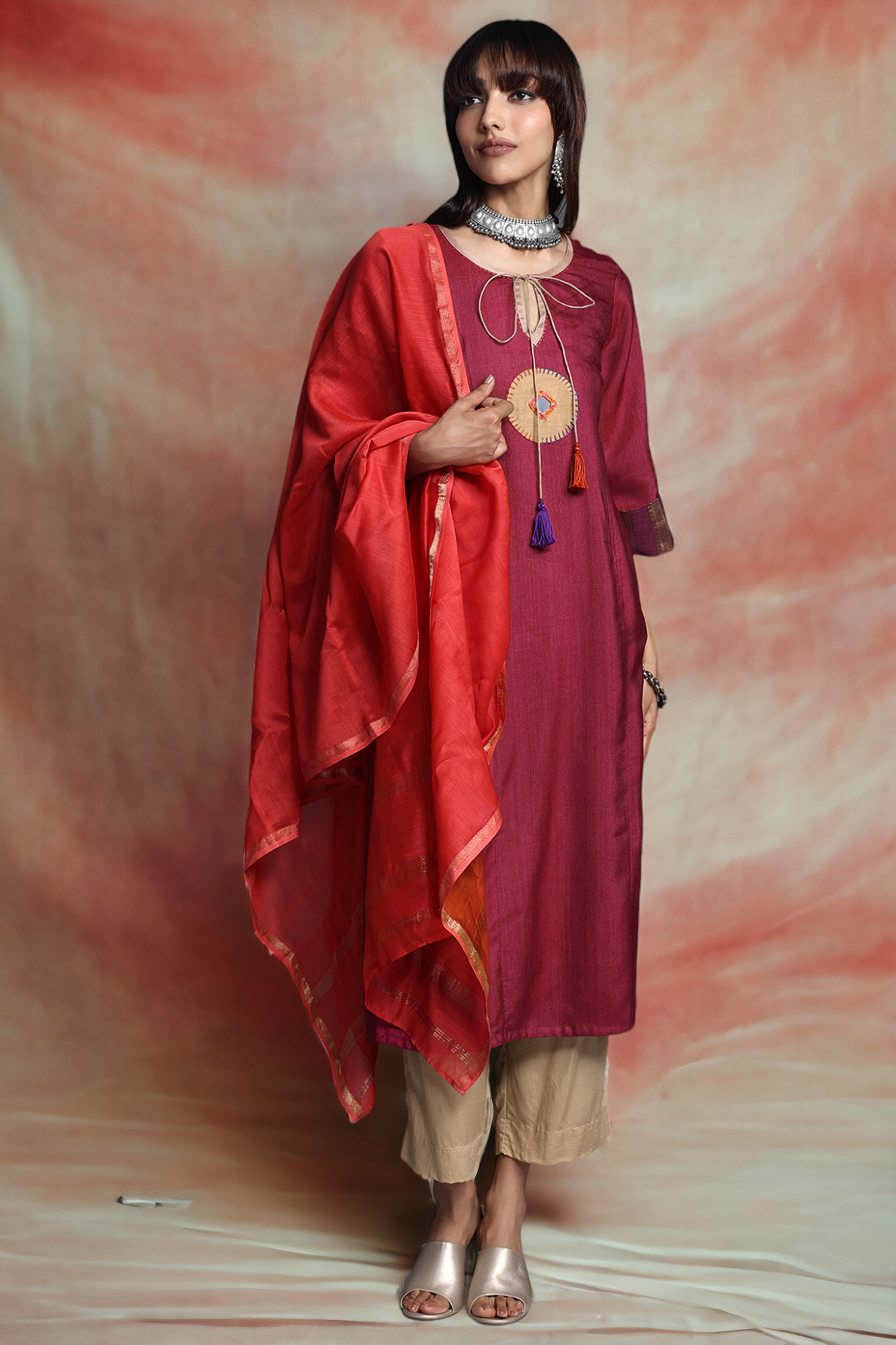 long viscose silk kurta with slit- magenta orchid & gleaming gold