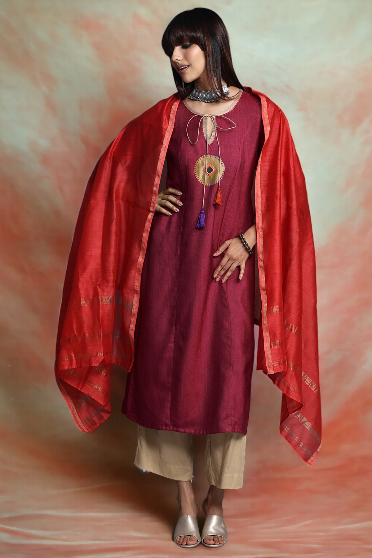 long viscose silk kurta with slit- magenta orchid & gleaming gold