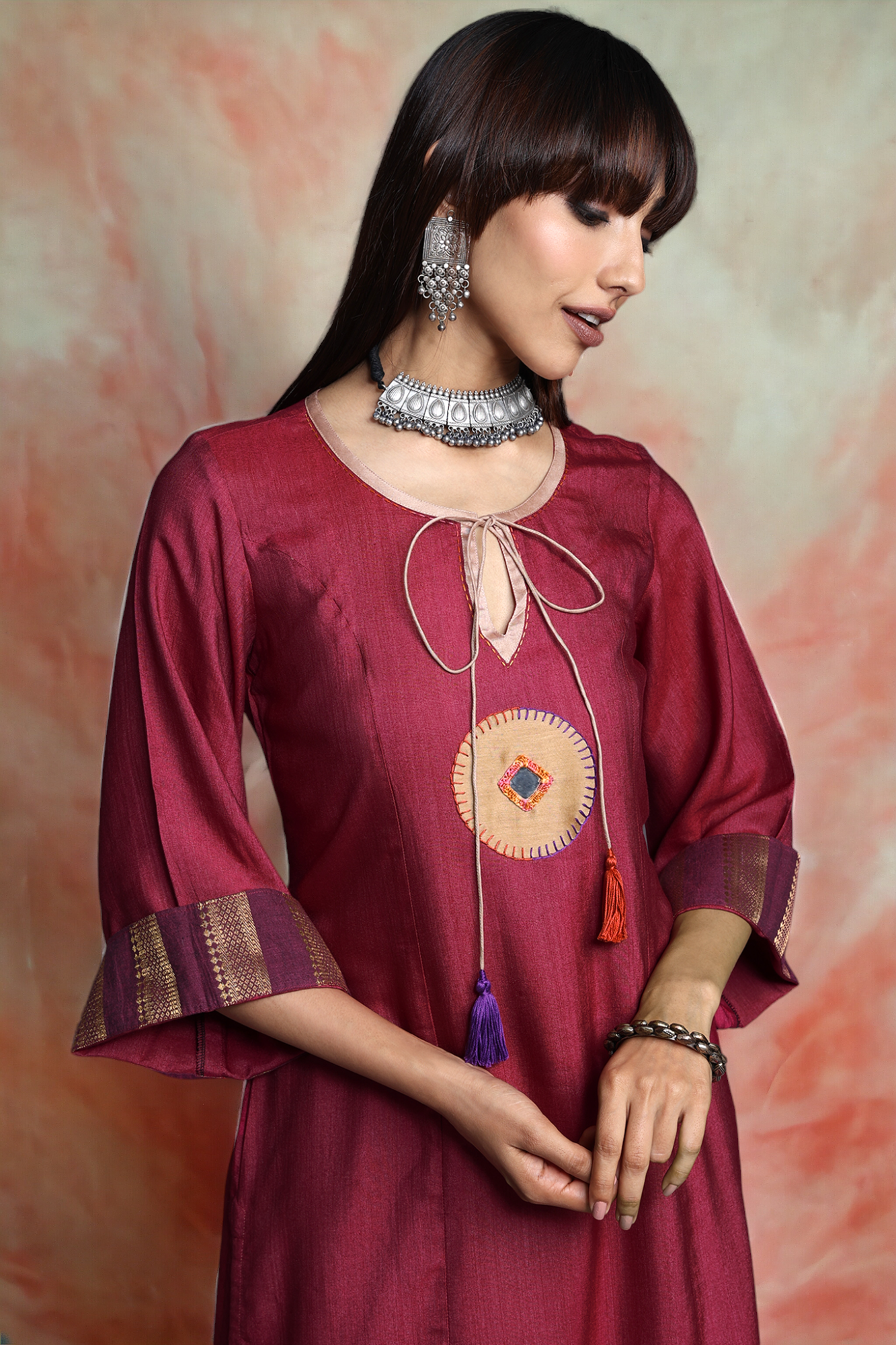 long viscose silk kurta with slit- magenta orchid & gleaming gold