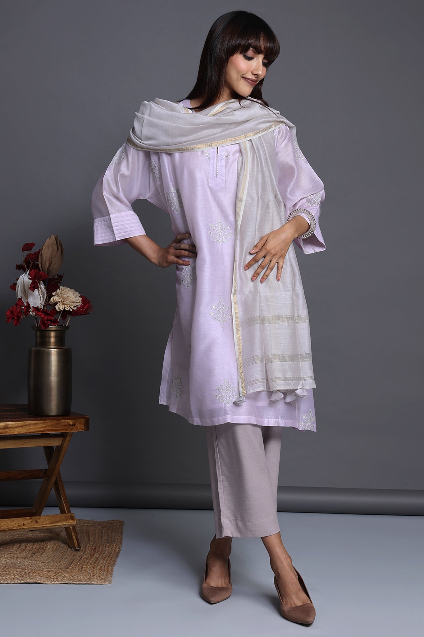 leisure chanderi silk kalidar tunic - blushing rose & silvery blooms
