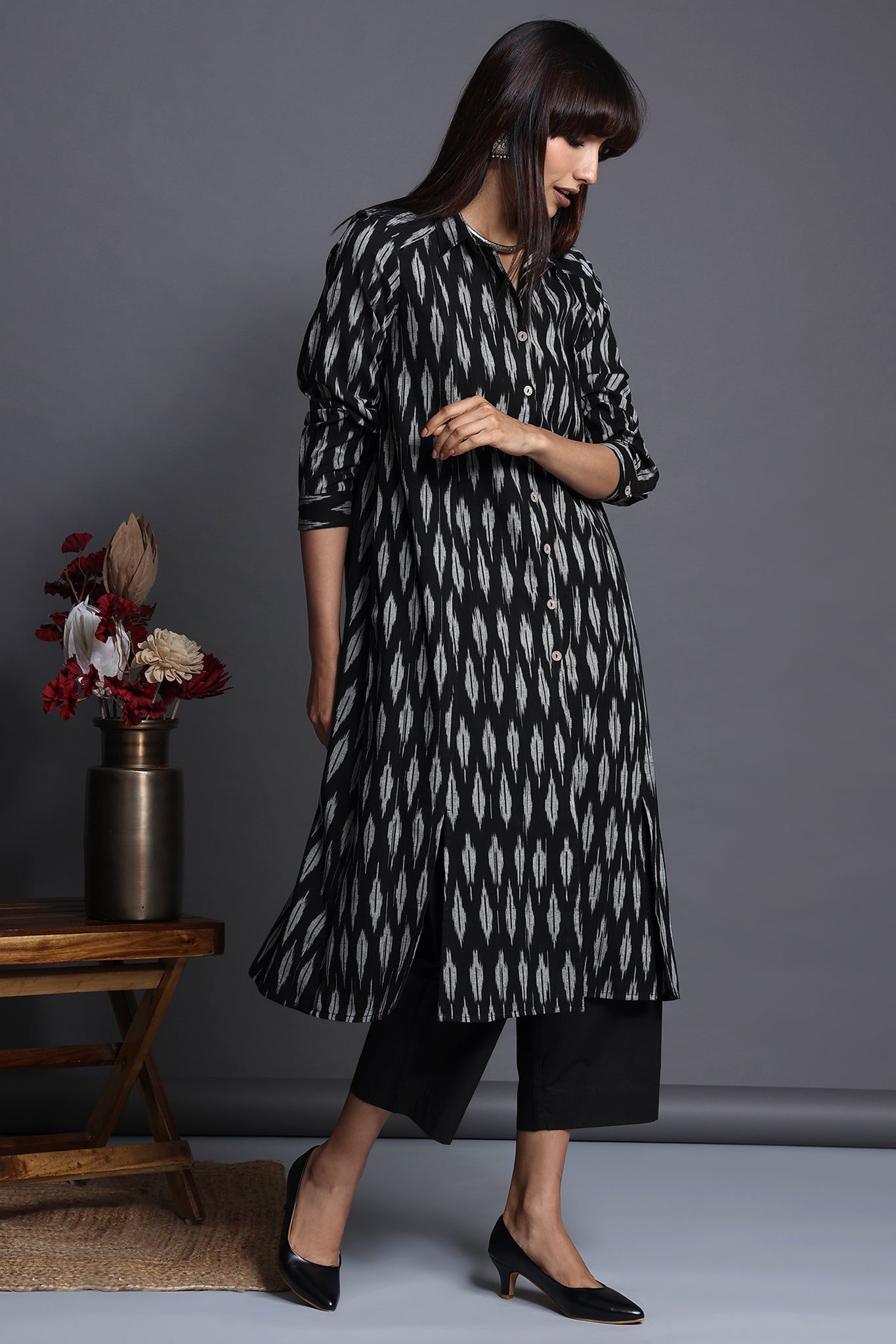 long shirt dress with front buttons - obsidian silver & constellations