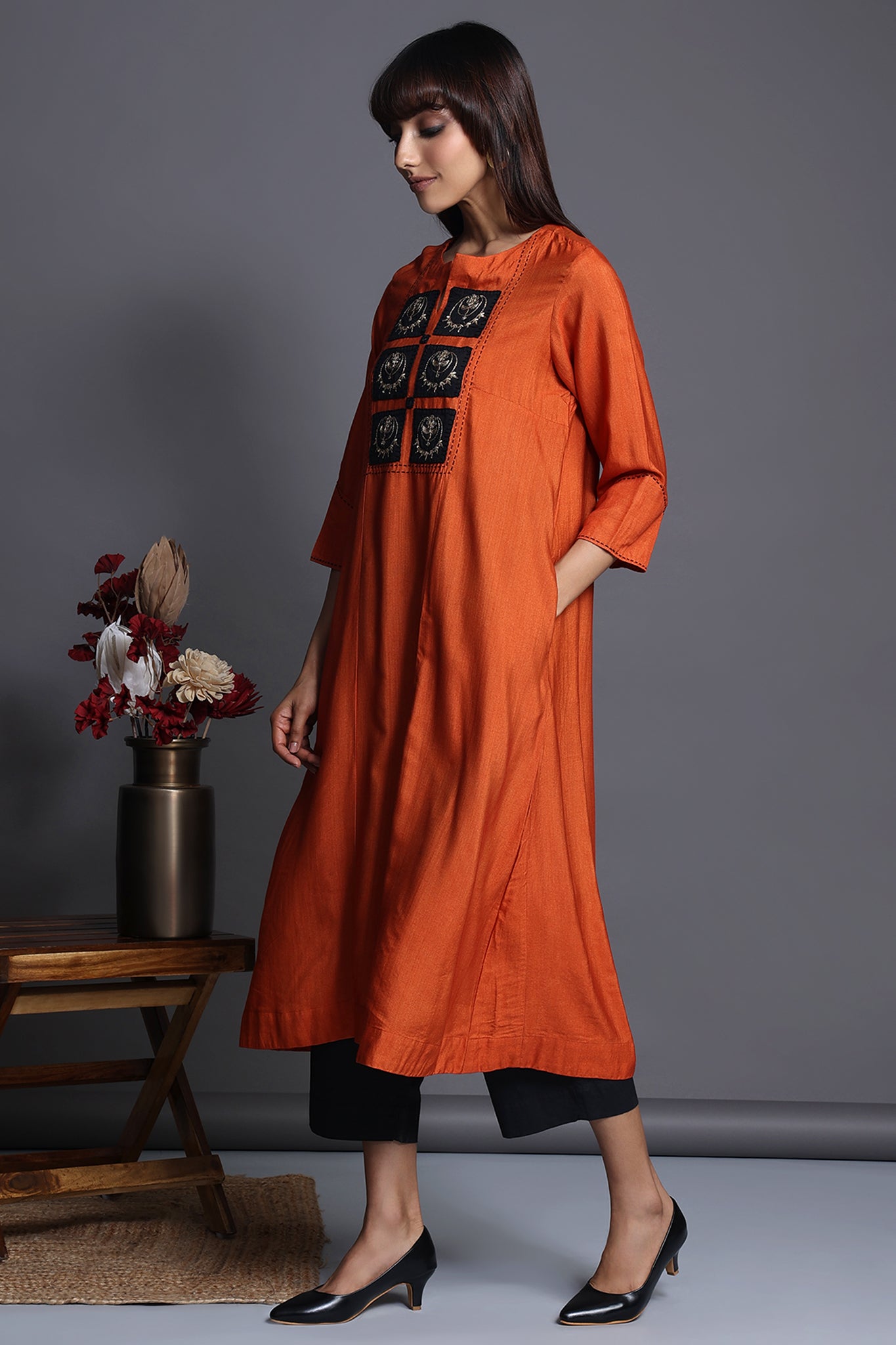a-line silk kalidar kurta - orange charisma & mystic chandbalis