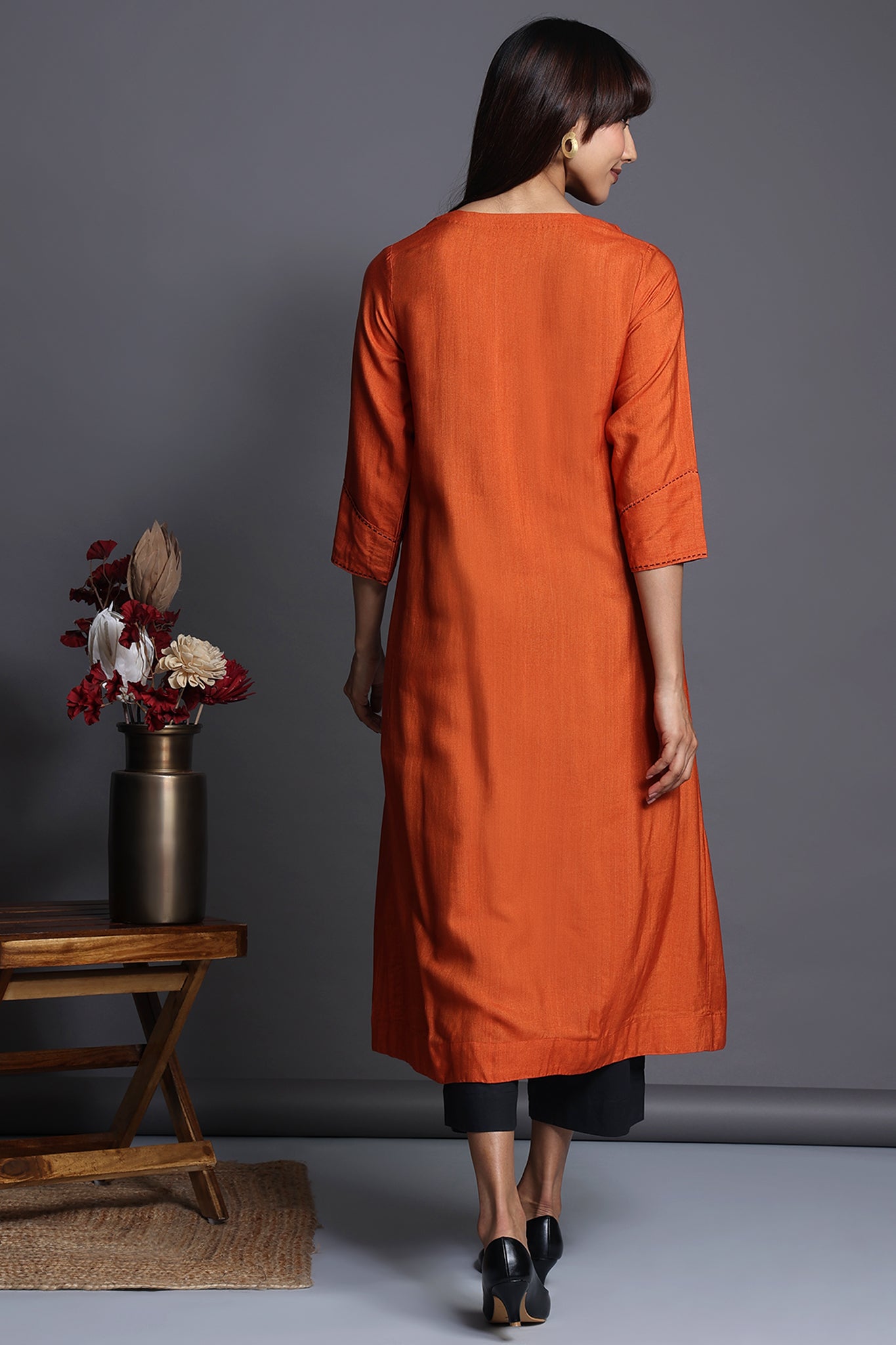 a-line silk kalidar kurta - orange charisma & mystic chandbalis
