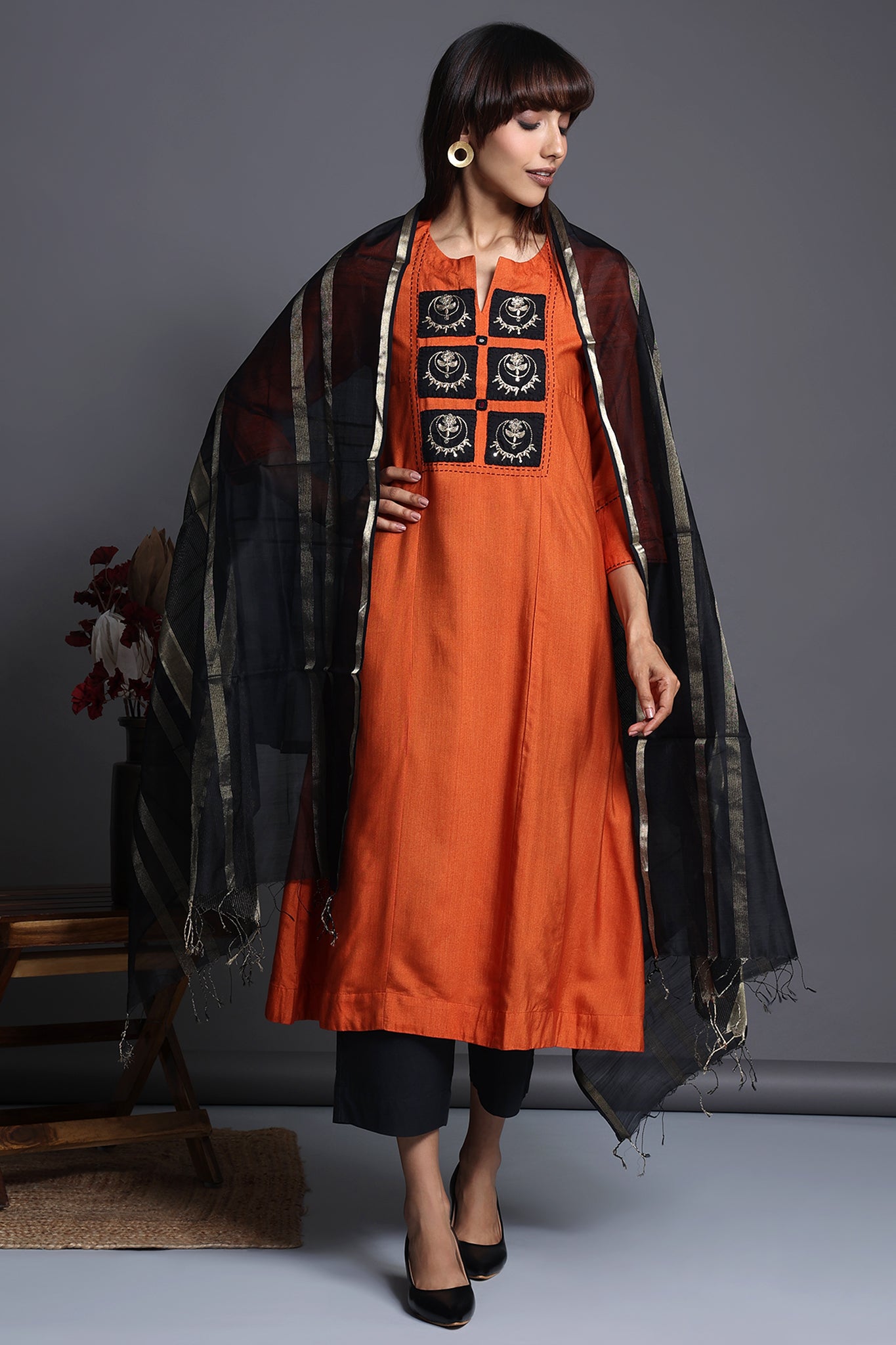 a-line silk kalidar kurta - orange charisma & mystic chandbalis