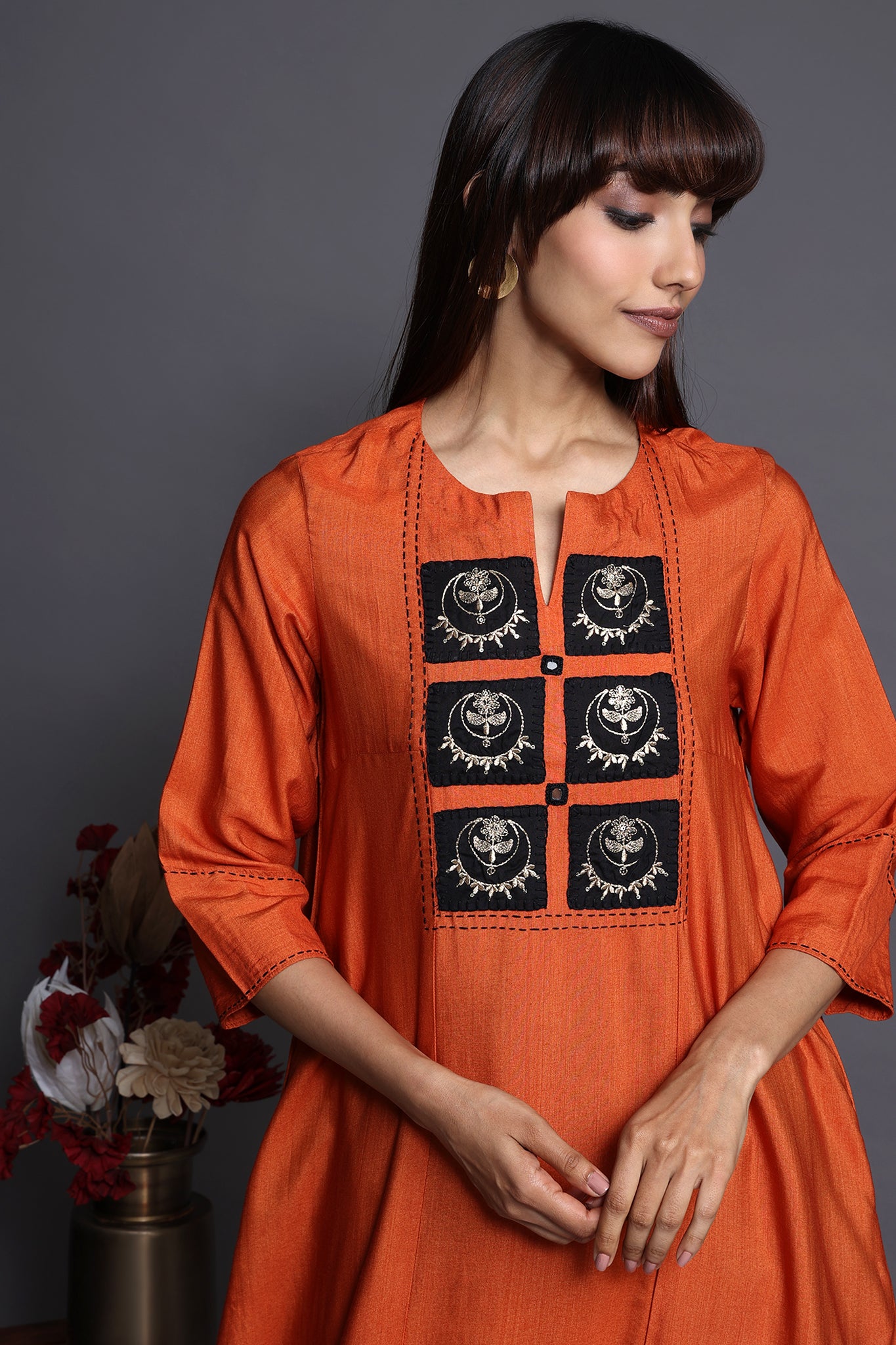 a-line silk kalidar kurta - orange charisma & mystic chandbalis