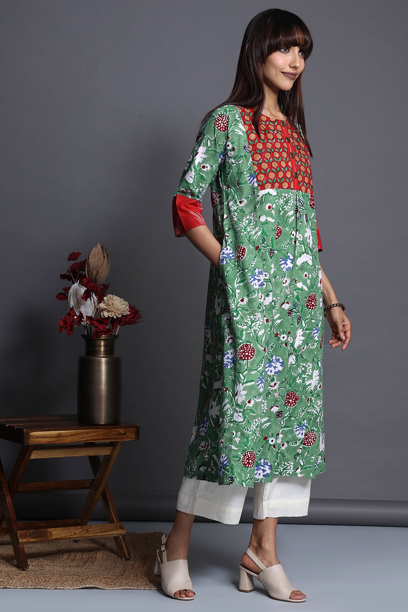 a-line kalidar kurta - celadon whisper & floral symphony